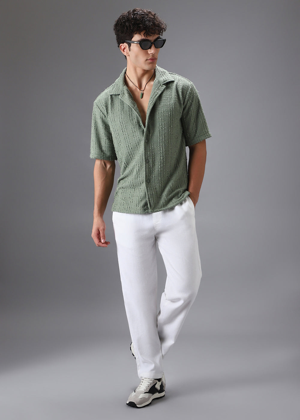 Green Cuban Collar Knitted Shirt