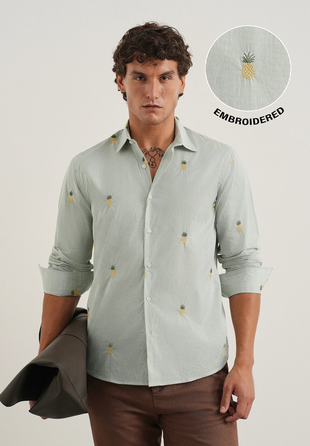 Green Tropical Embroidered Cotton Stripe Shirt