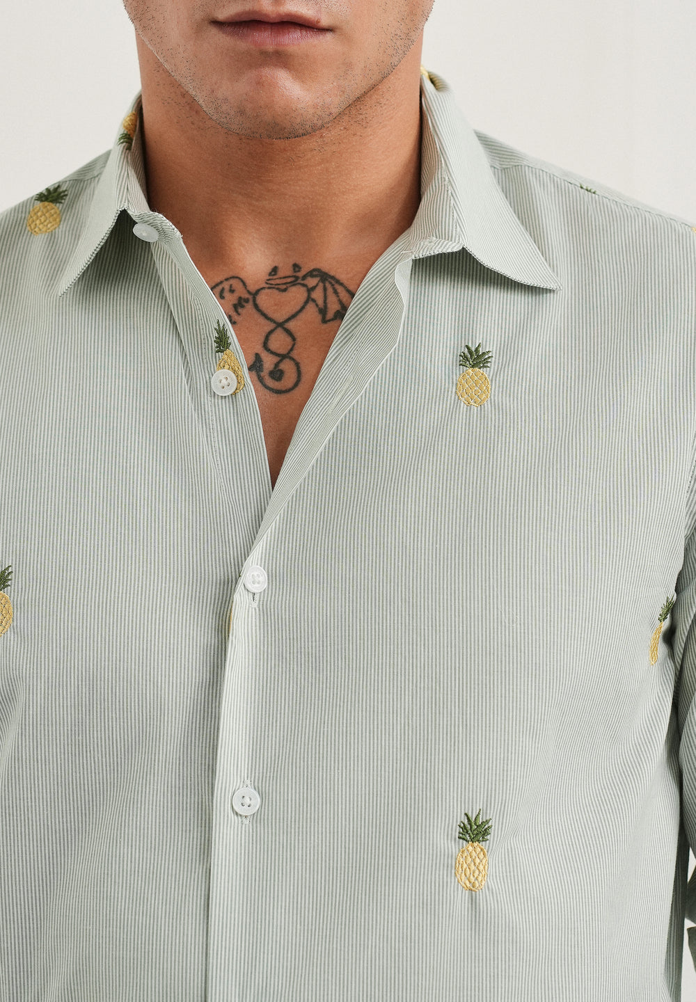 Green Tropical Embroidered Cotton Stripe Shirt