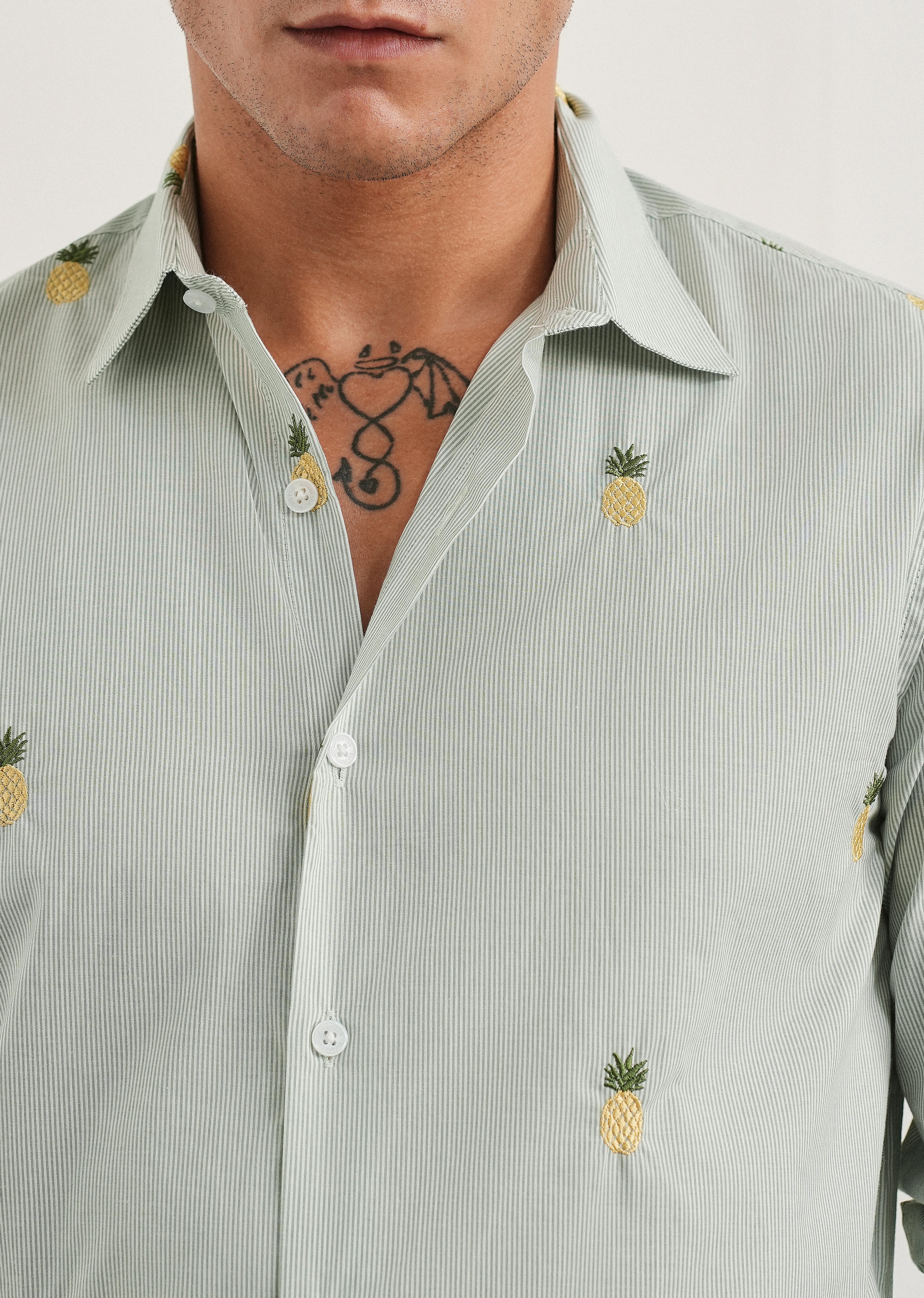 Green Tropical Embroidered Cotton Stripe Shirt