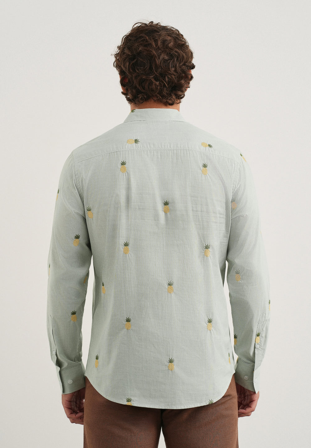 Green Tropical Embroidered Cotton Stripe Shirt