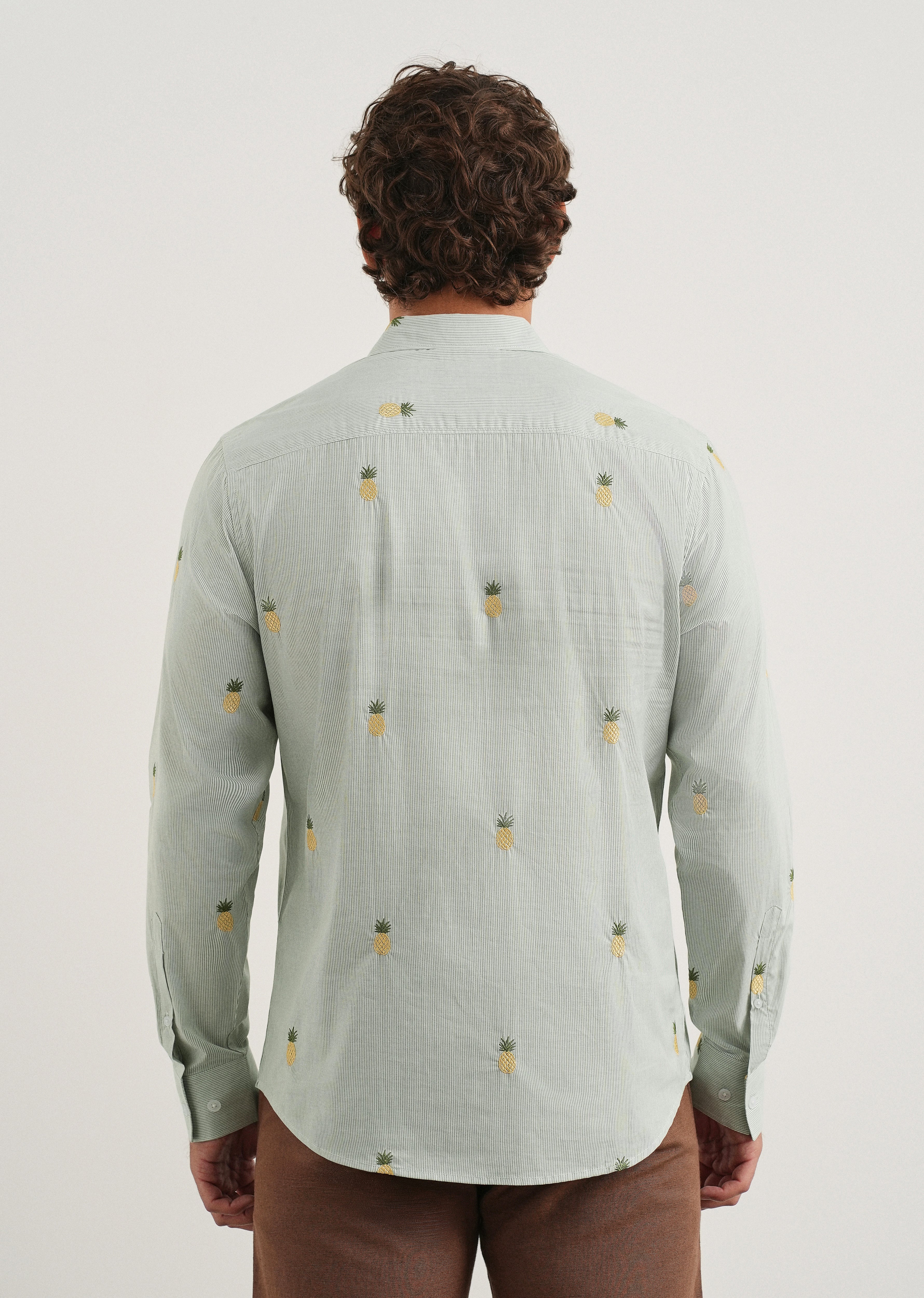 Green Tropical Embroidered Cotton Stripe Shirt