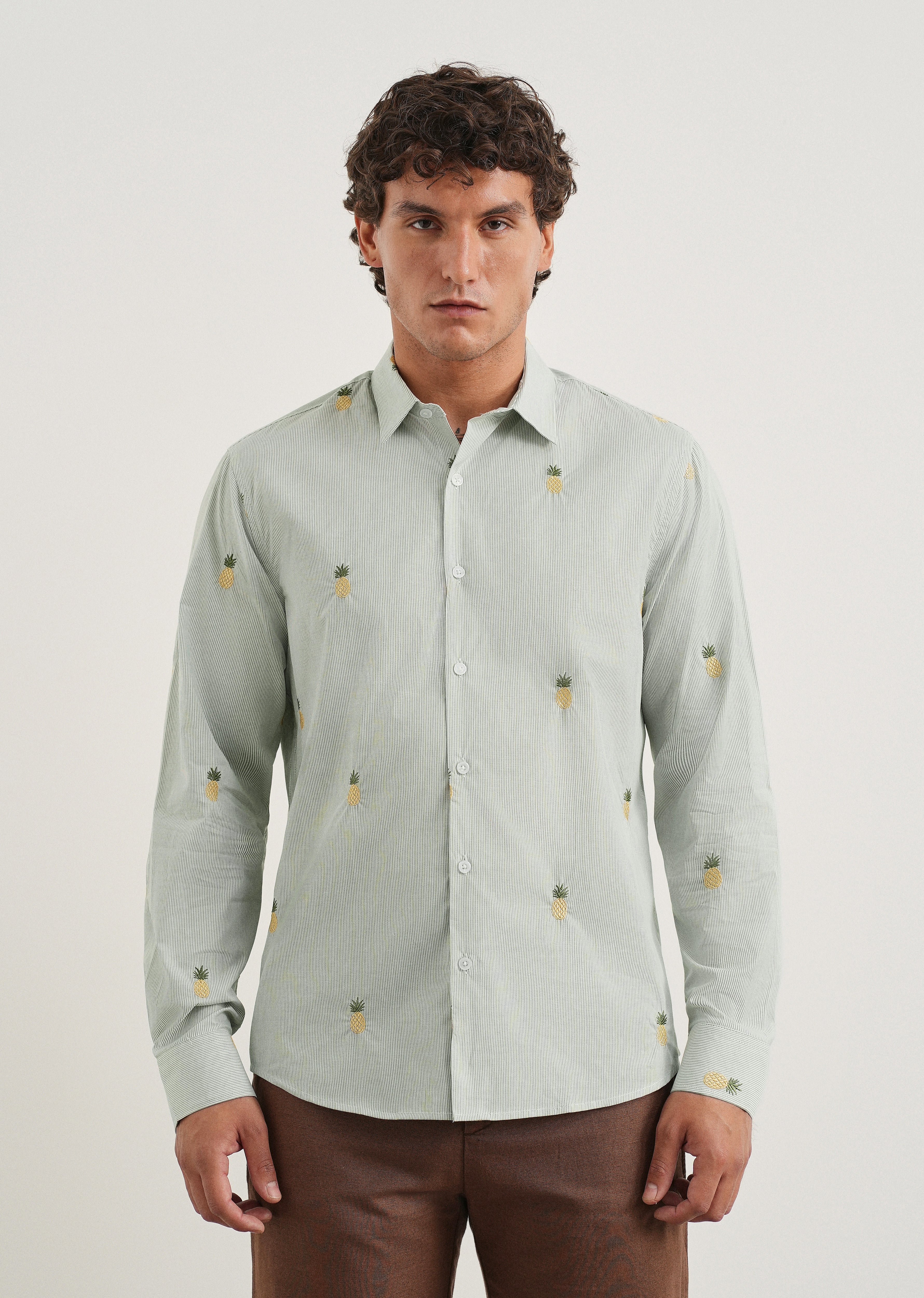 Green Tropical Embroidered Cotton Stripe Shirt