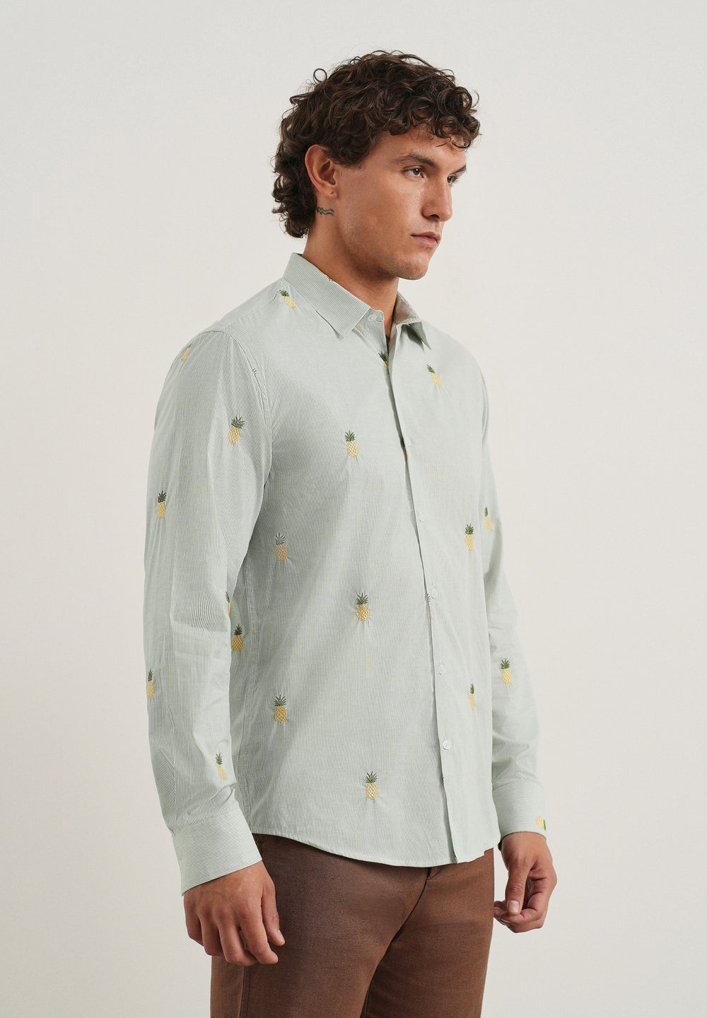 Green Tropical Embroidered Cotton Stripe Shirt