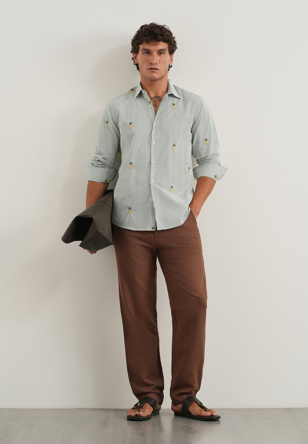 Green Tropical Embroidered Cotton Stripe Shirt