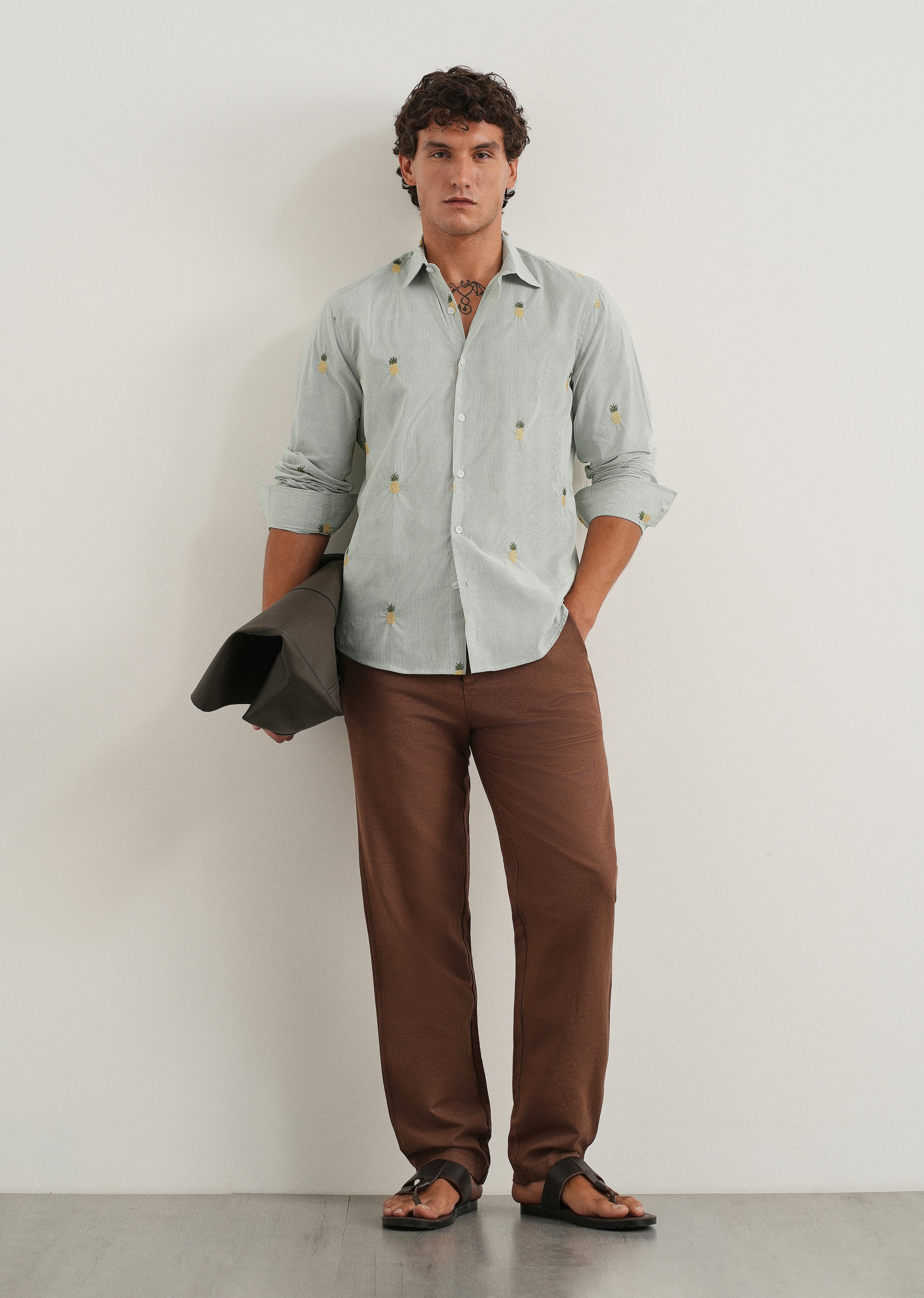 Green Tropical Embroidered Cotton Stripe Shirt