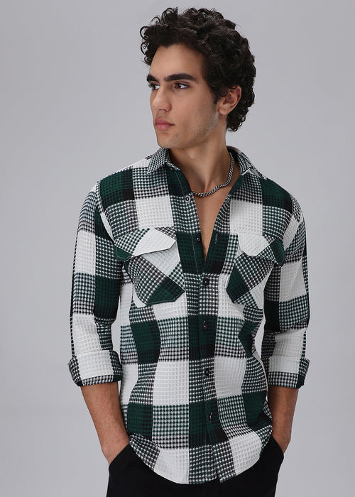 Green Waffle Plaid Check Shirt