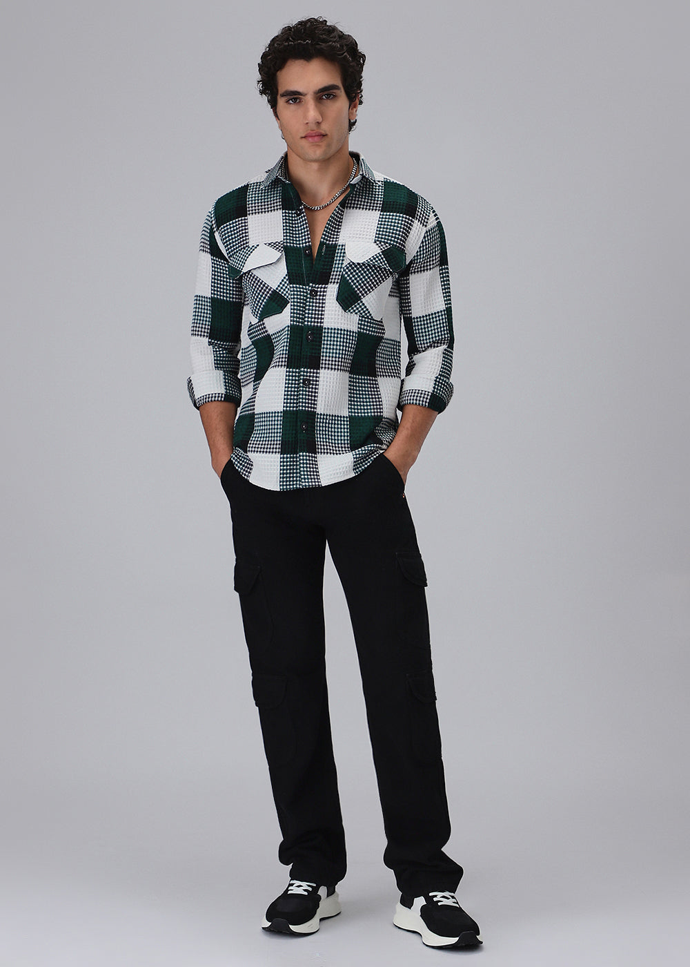 Green Waffle Plaid Check Shirt