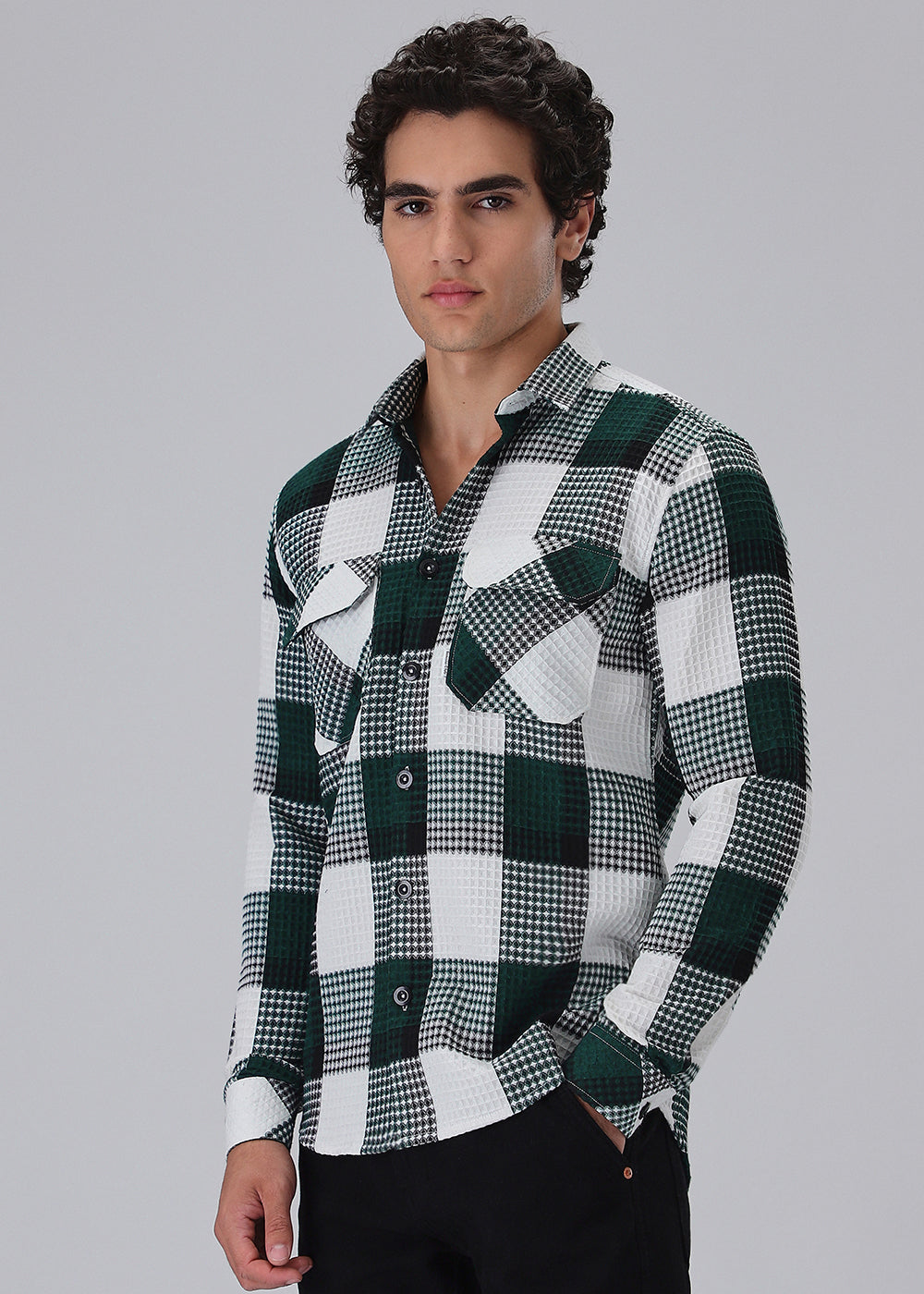 Green Waffle Plaid Check Shirt