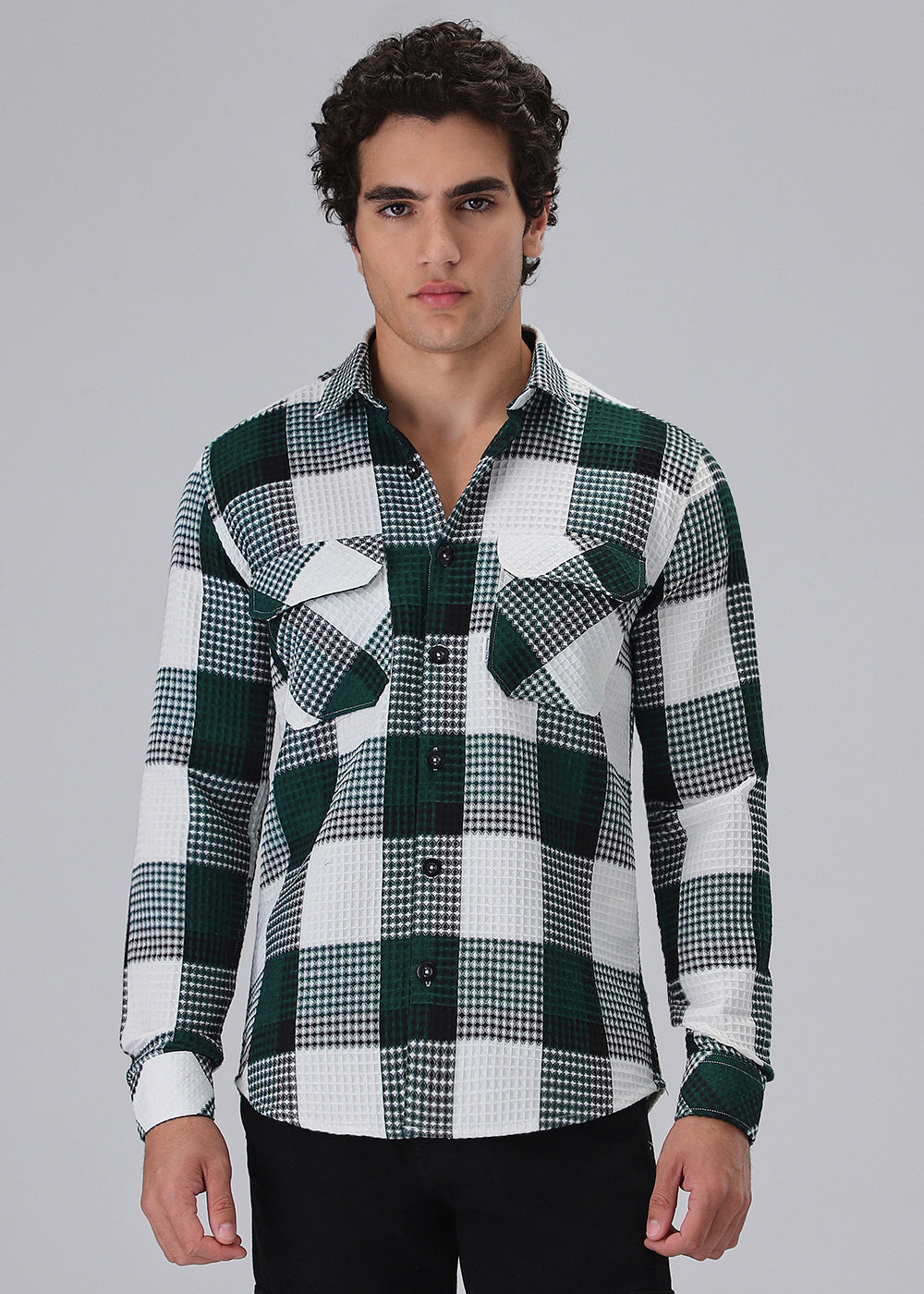 Green Waffle Plaid Check Shirt