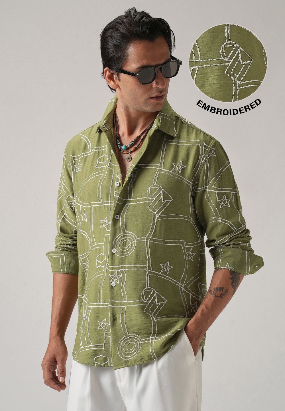Green Abstract Embroidery Shirt