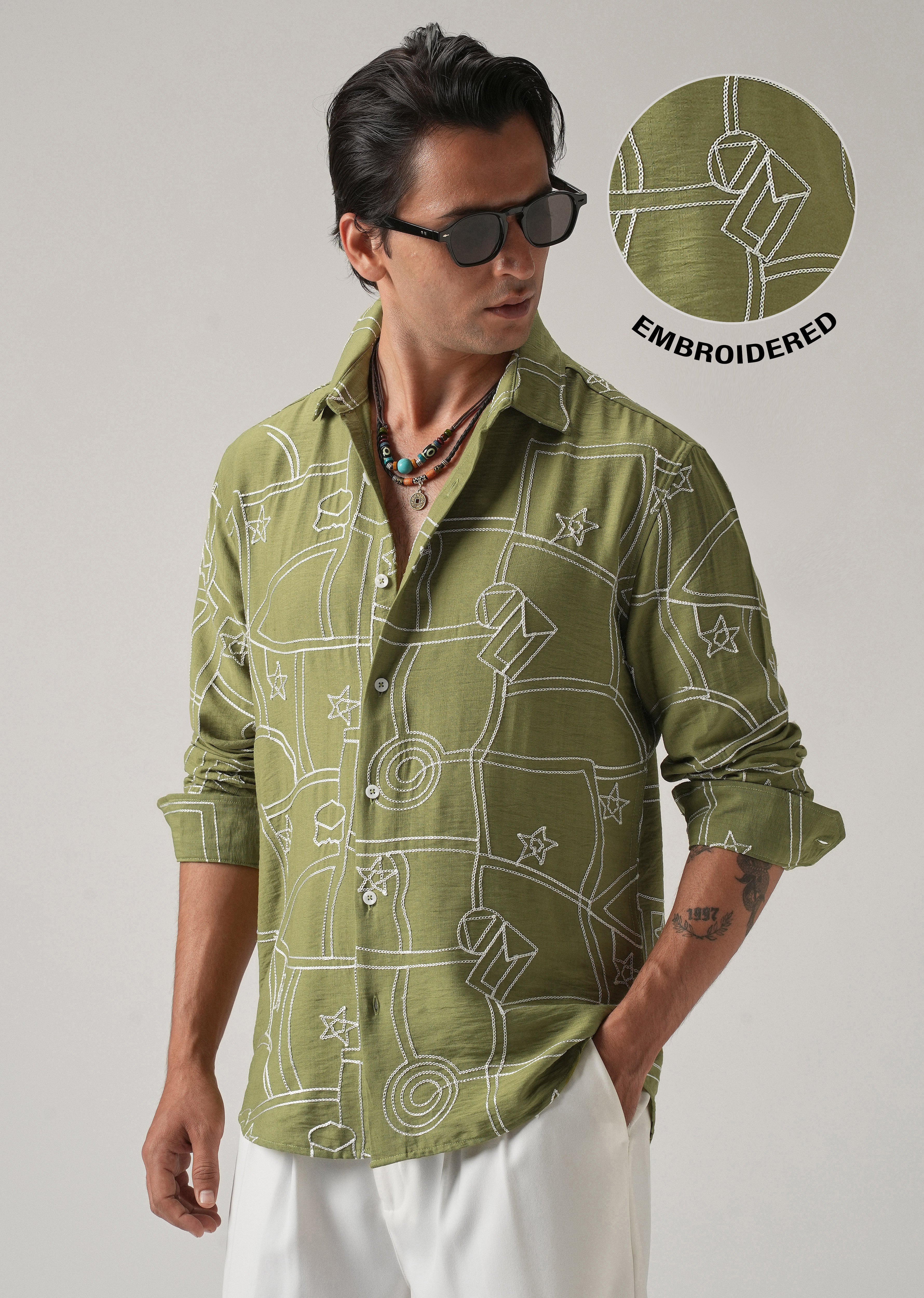 Green Abstract Embroidery Shirt