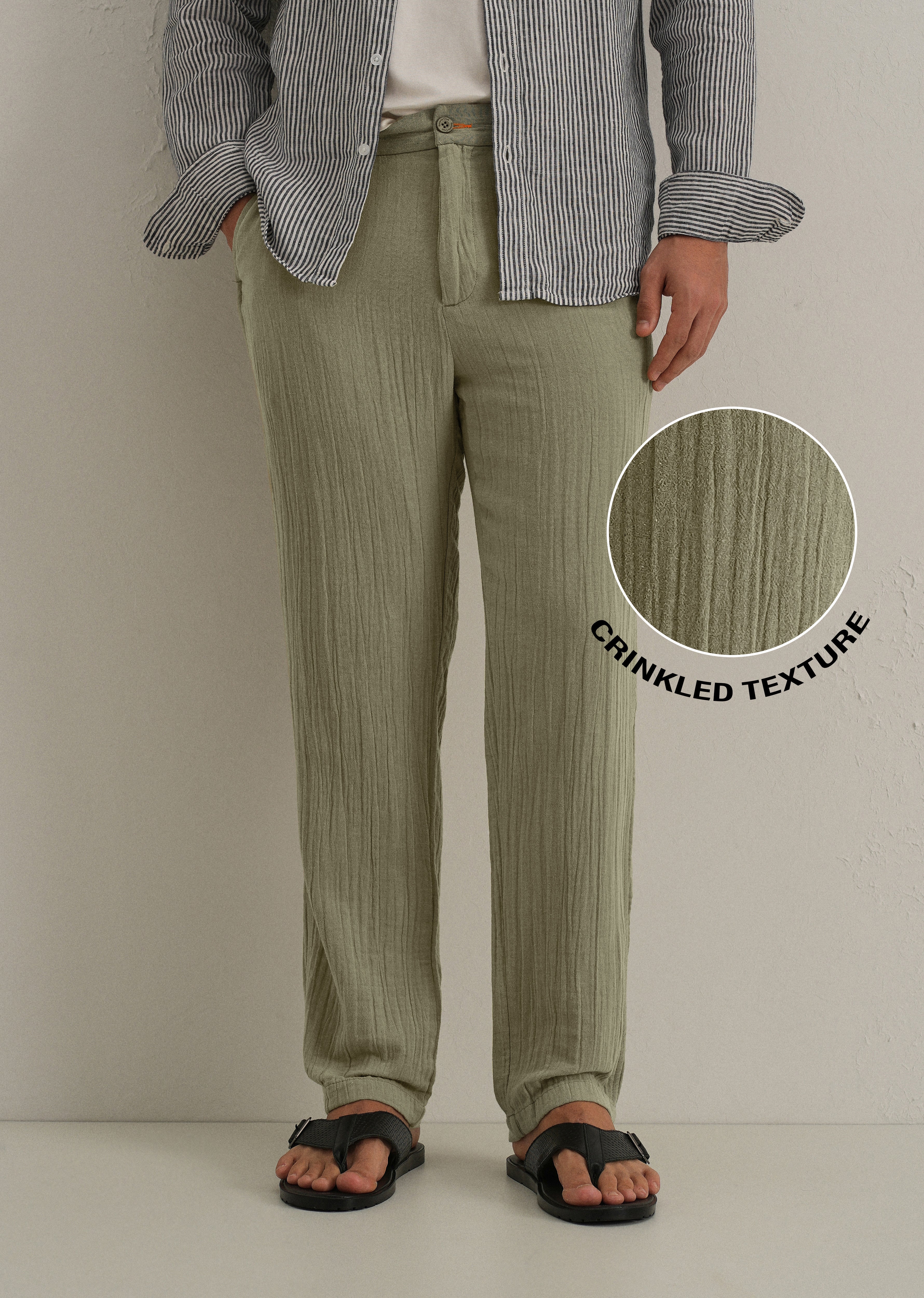 Green Crinkled Cotton Trouser