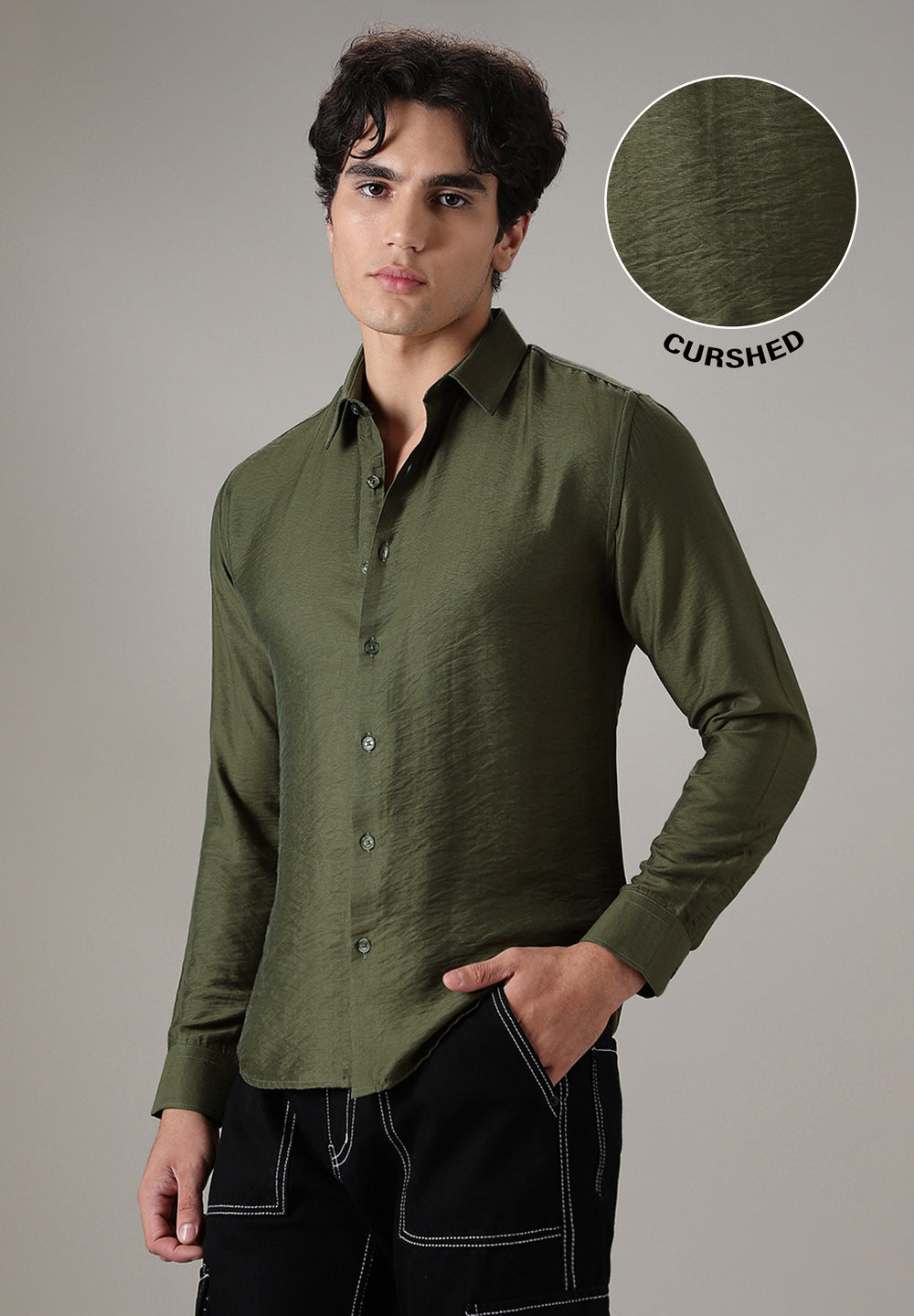 Green Plain Crushed Satin Shirt