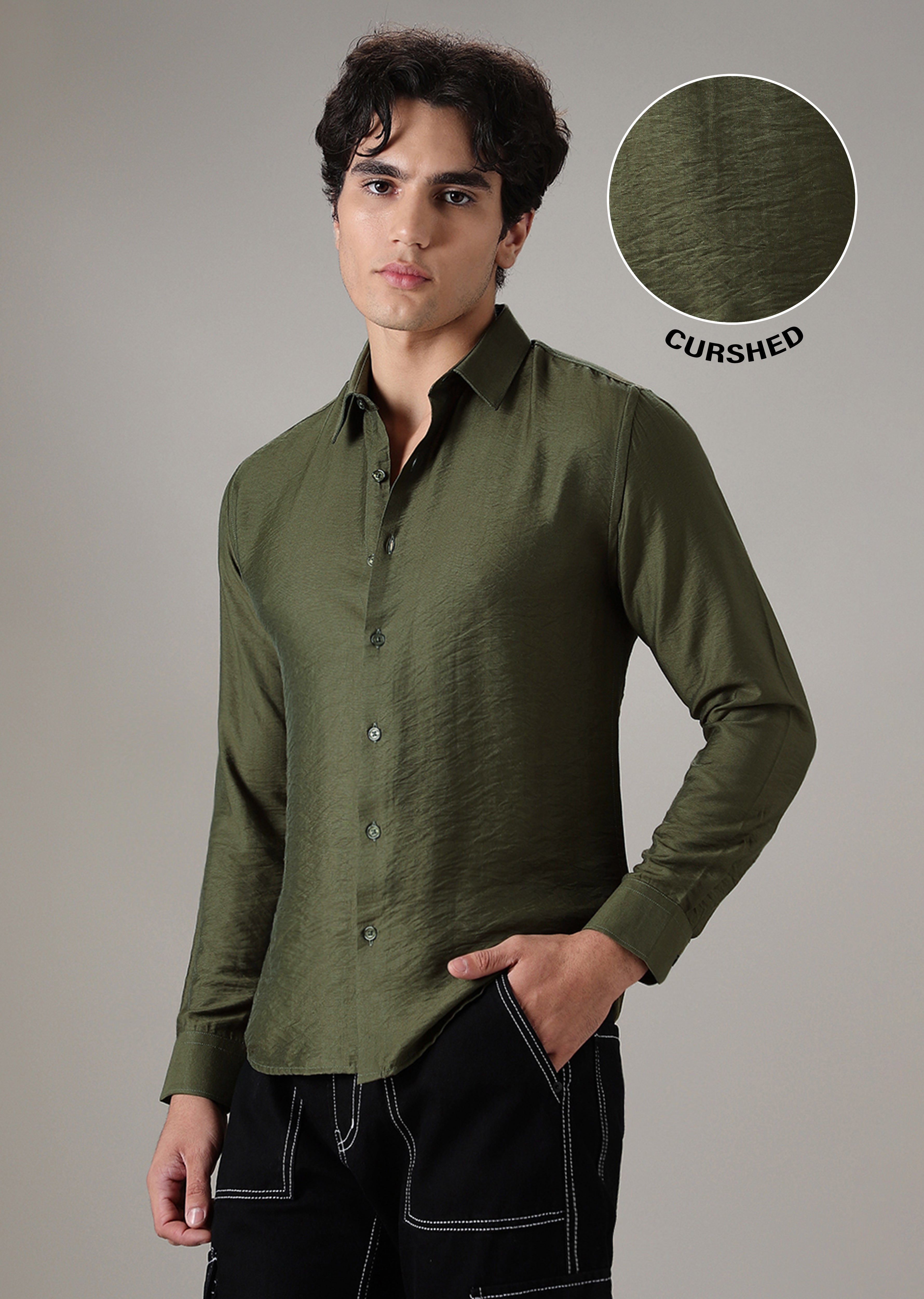 Green Plain Crushed Satin Shirt