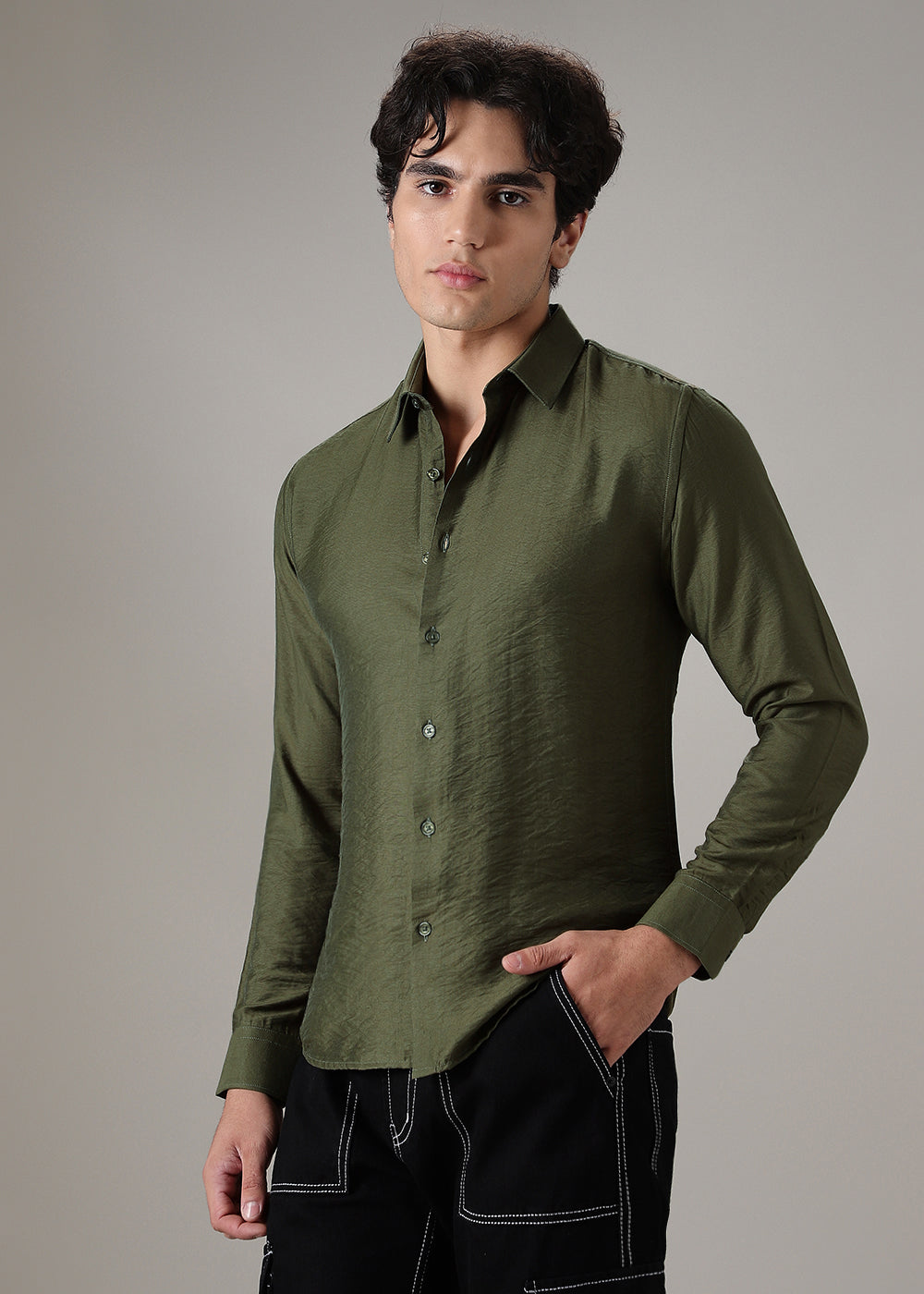 Green Plain Crushed Satin Shirt