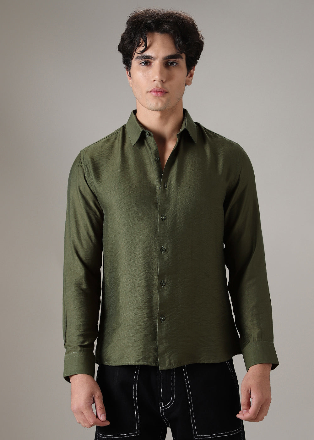 Green Plain Crushed Satin Shirt