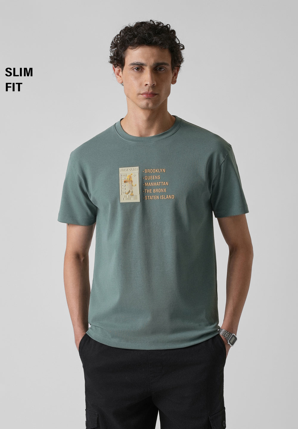 Green Embossed Printed Slim Fit T-shirt