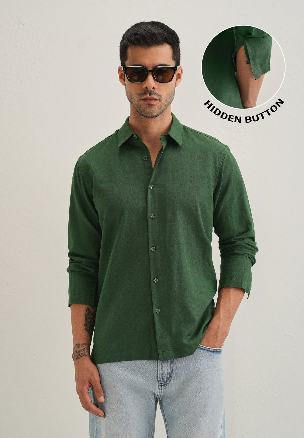 Green Hidden Sleeve Placket Cotton Linen Shirt