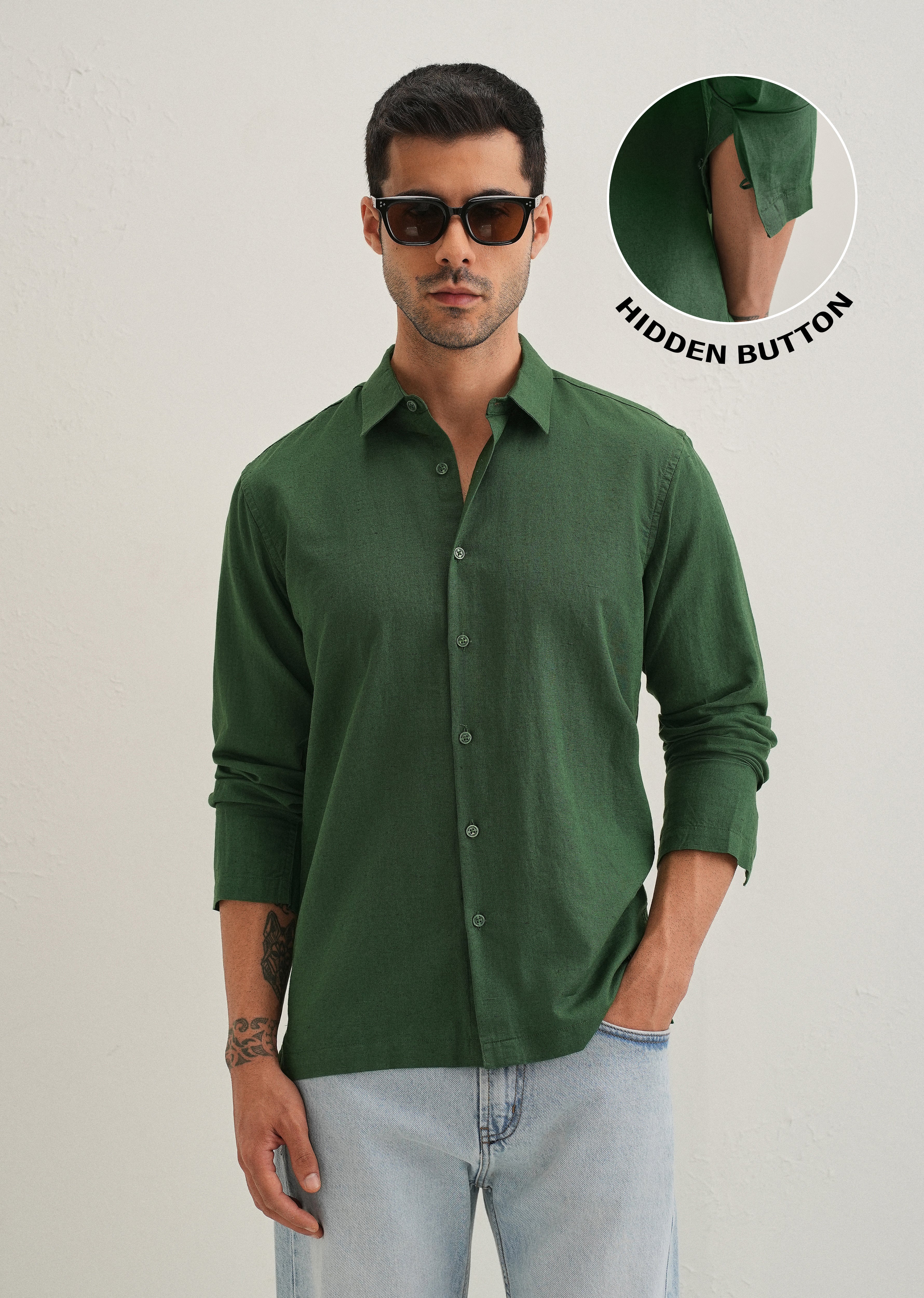 Green Hidden Sleeve Placket Cotton Linen Shirt
