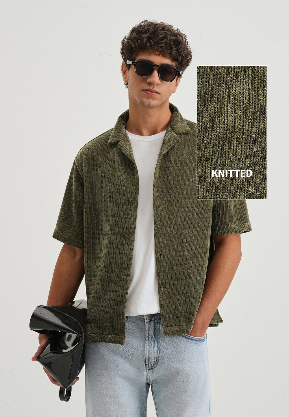 Green Suede Knit Cuban Collar Shirt
