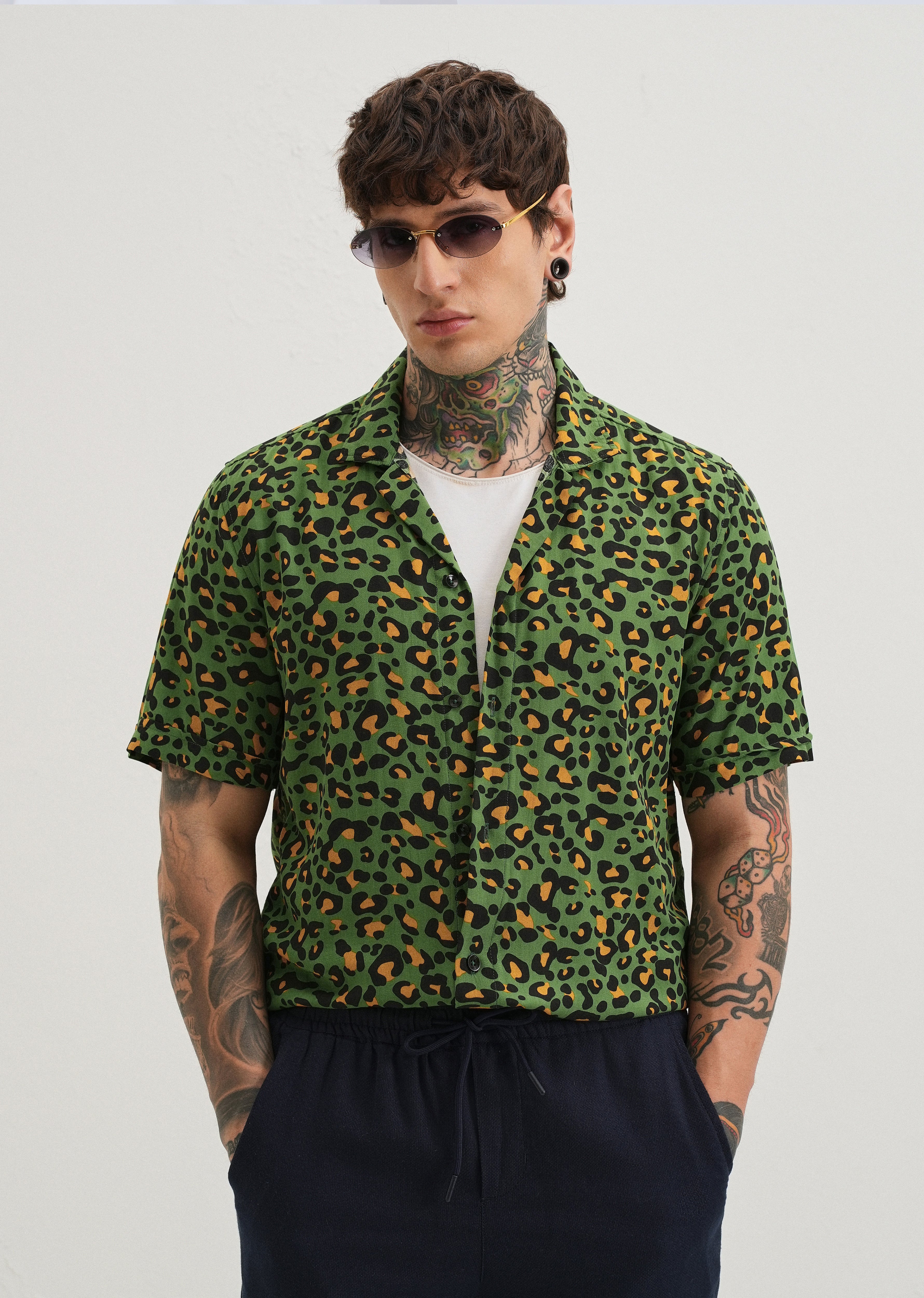 Green Leopardic Print Half sleeve shirt