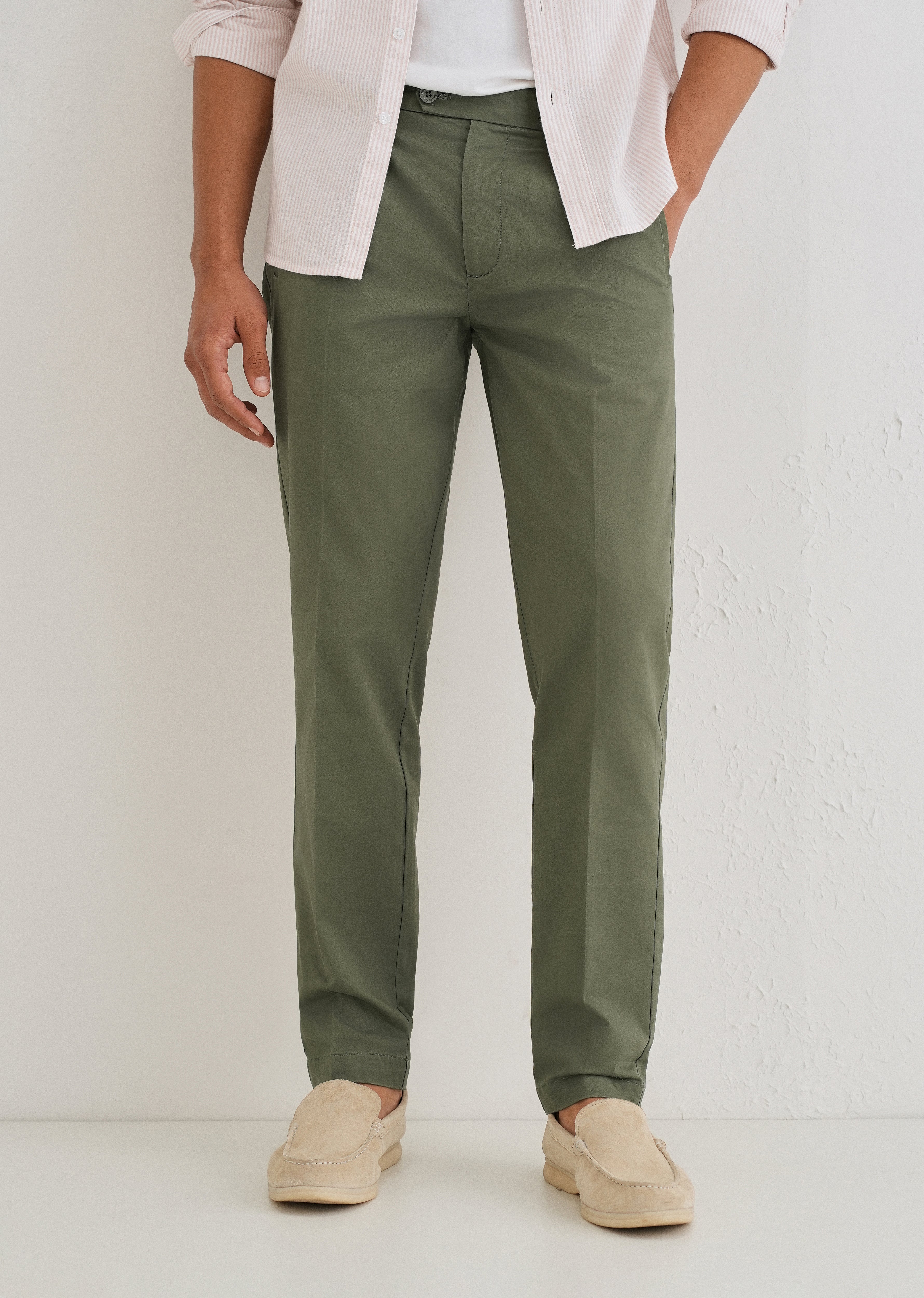 Green Plain Pleated Chinos