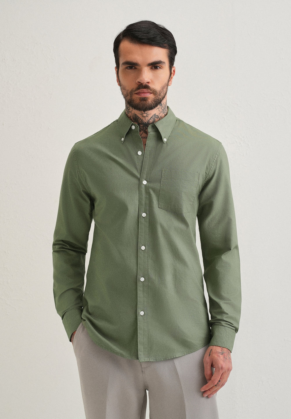 Green Plain Cotton Oxford Shirt