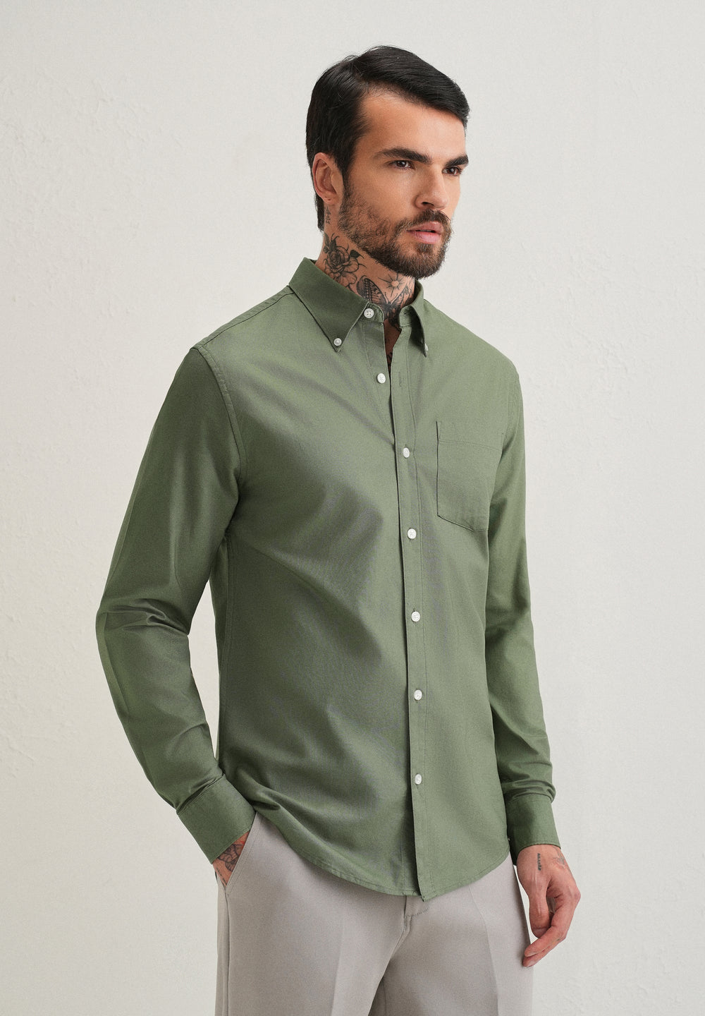 Green Plain Cotton Oxford Shirt