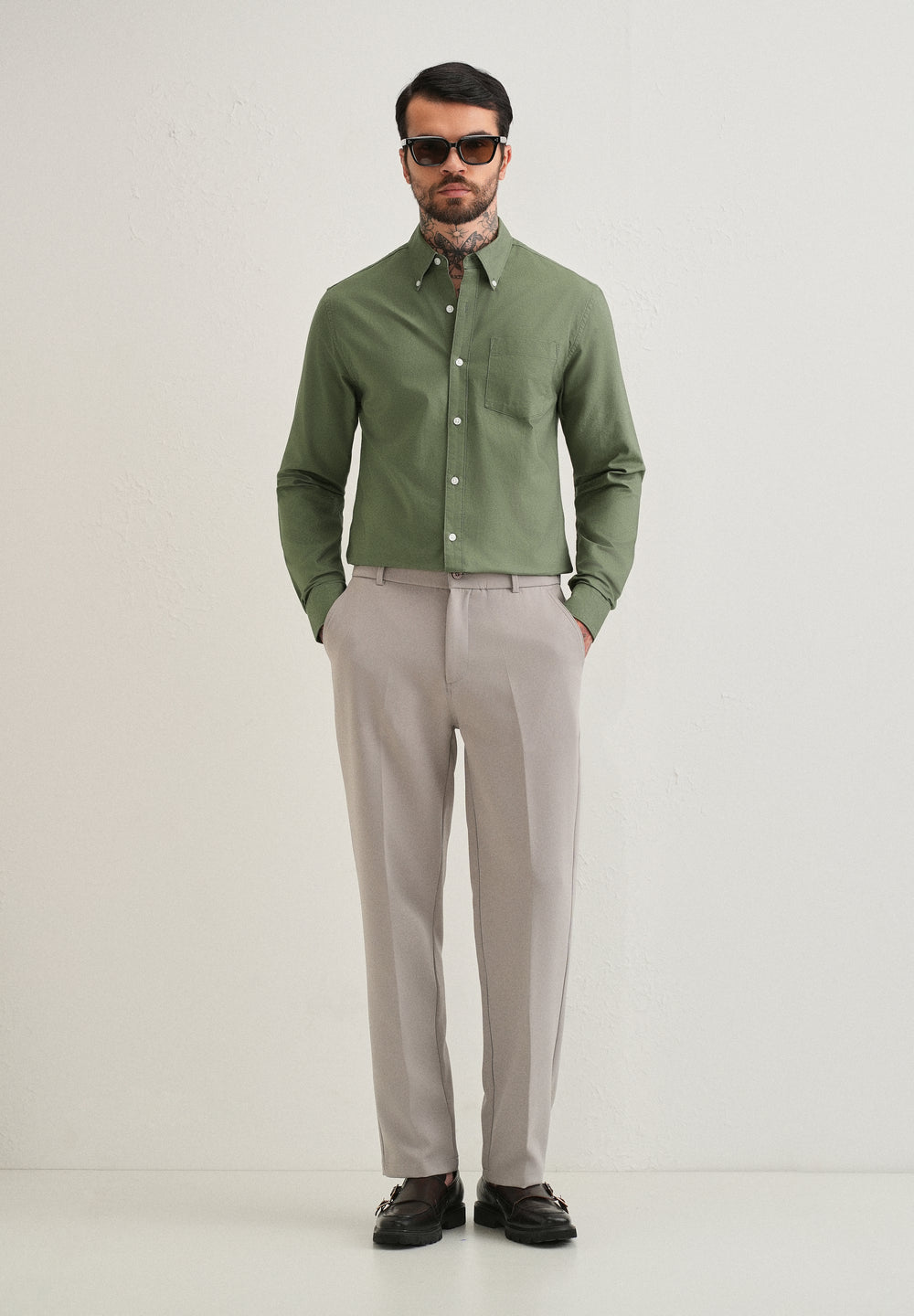 Green Plain Cotton Oxford Shirt