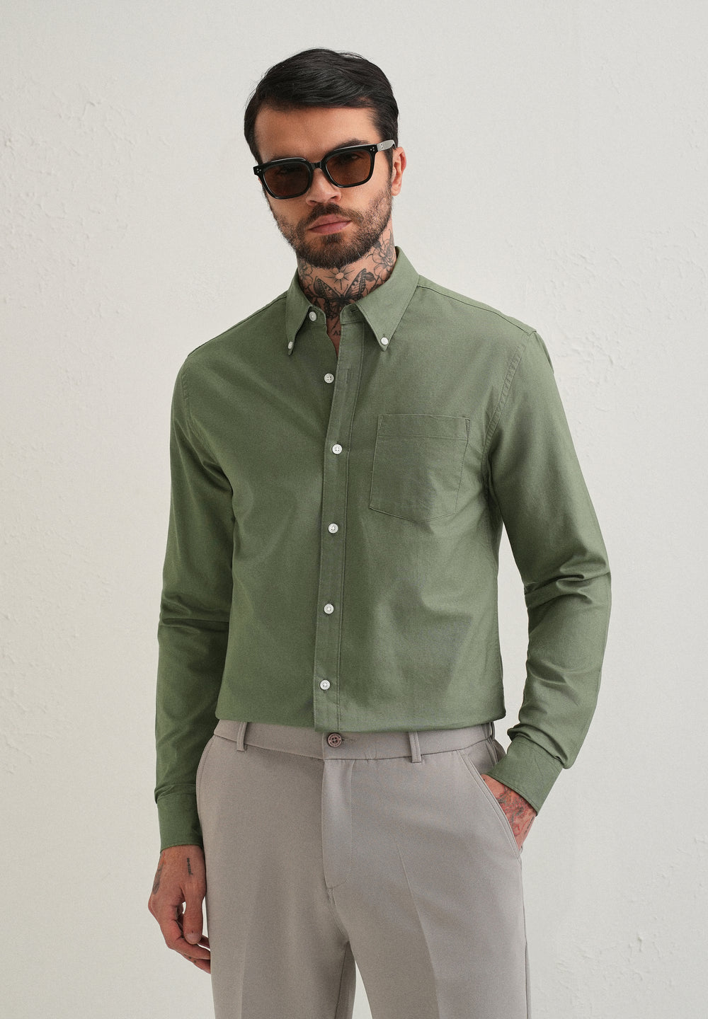 Green Plain Cotton Oxford Shirt