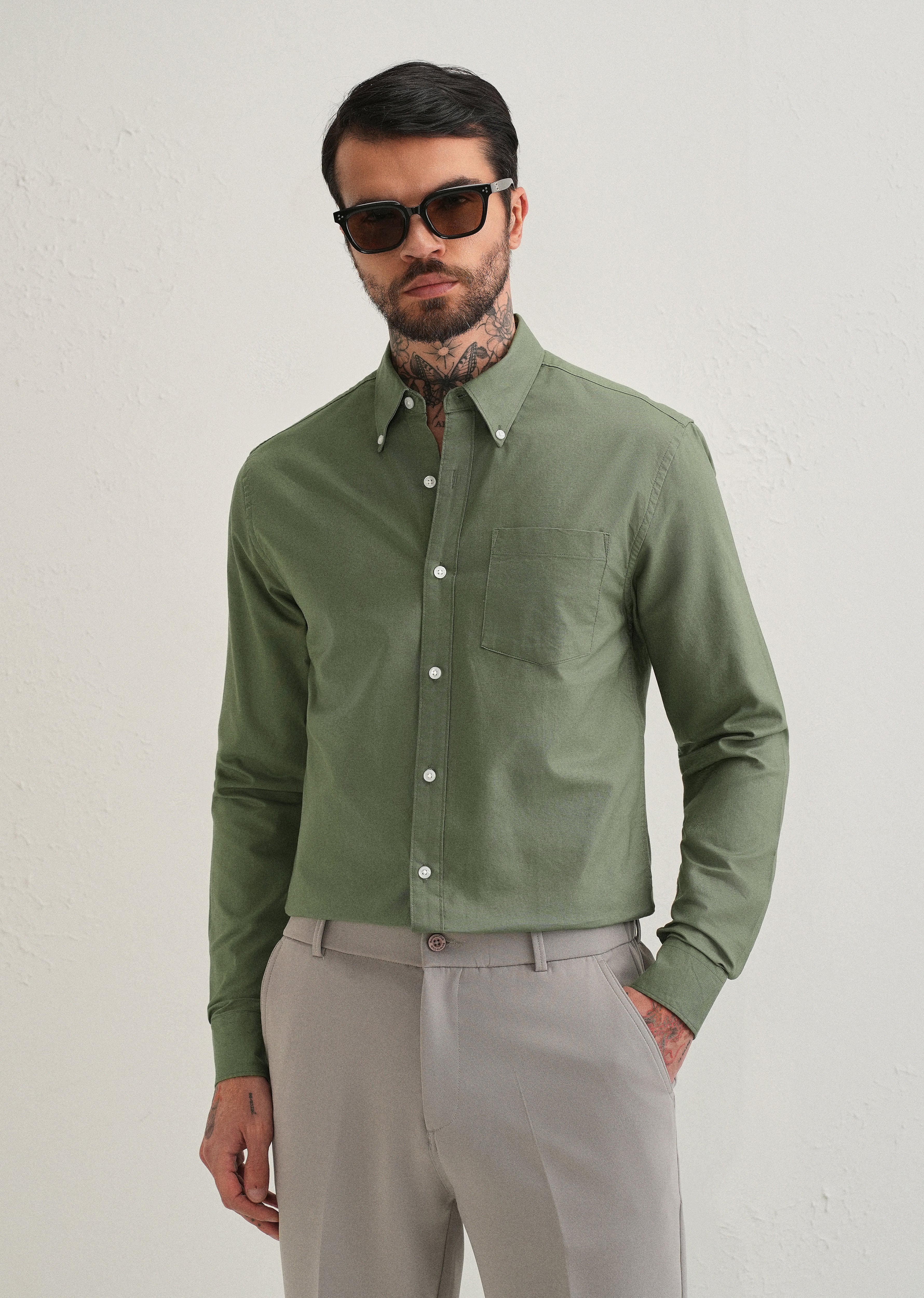 Green Plain Cotton Oxford Shirt