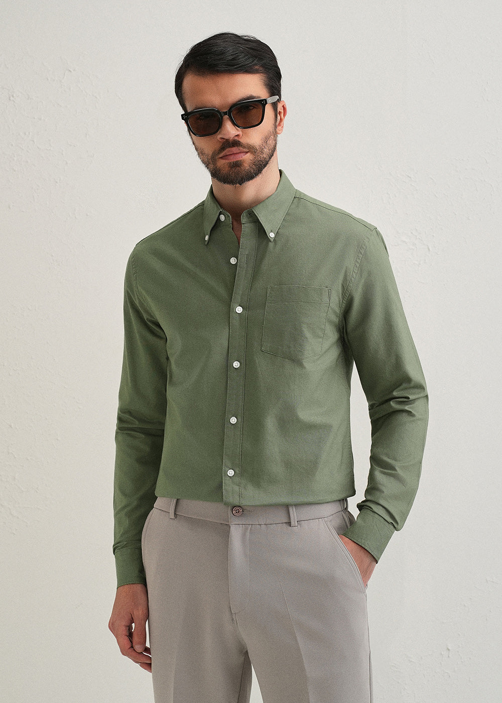 Green Plain Cotton Oxford Shirt