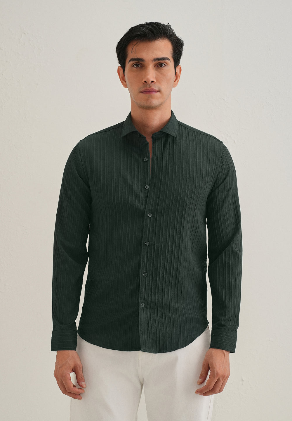Green Plain Self Striped Shirt