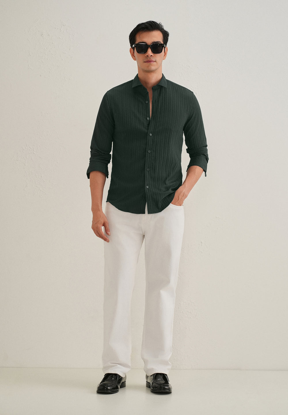 Green Plain Self Striped Shirt