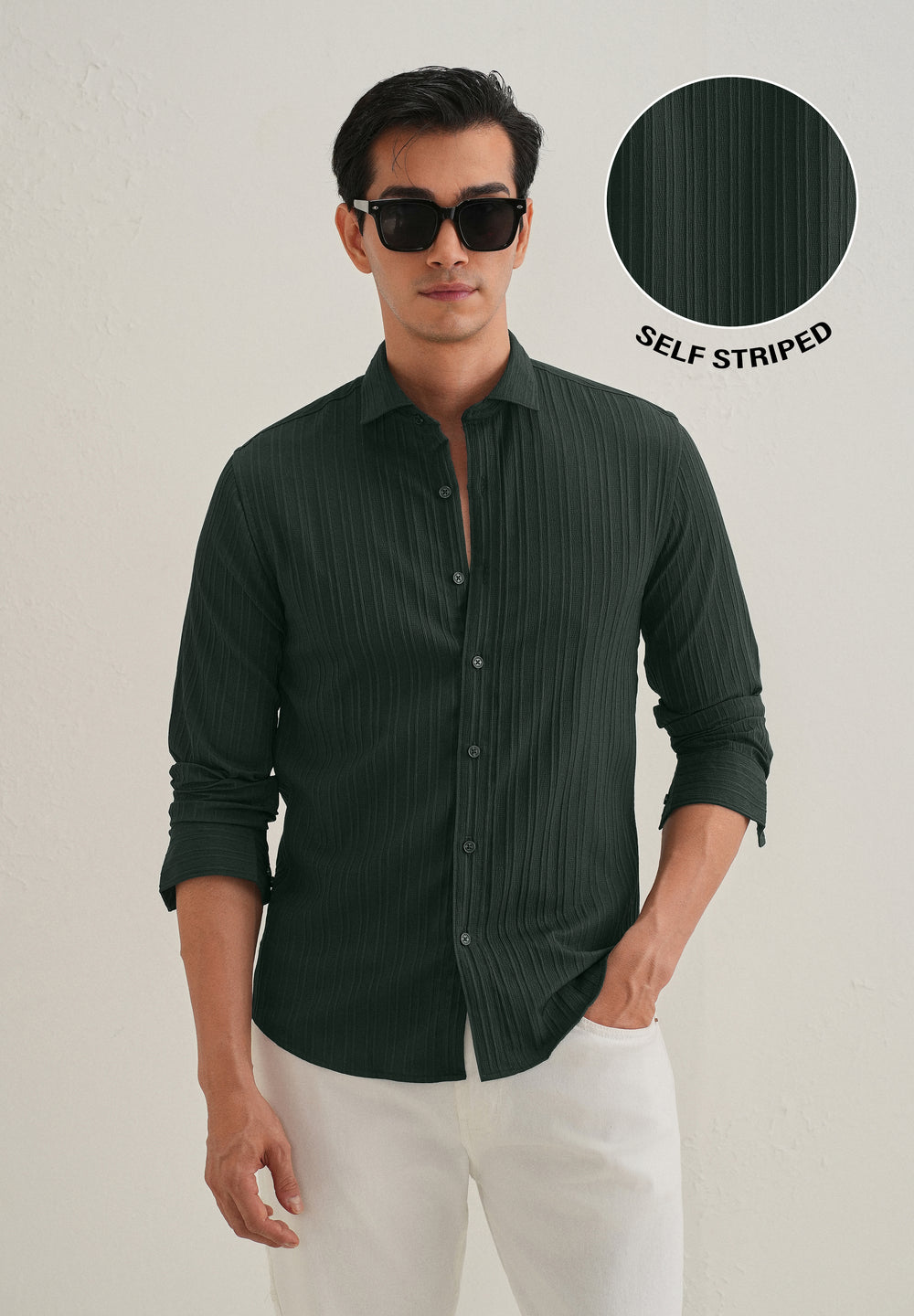 Green Plain Self Striped Shirt