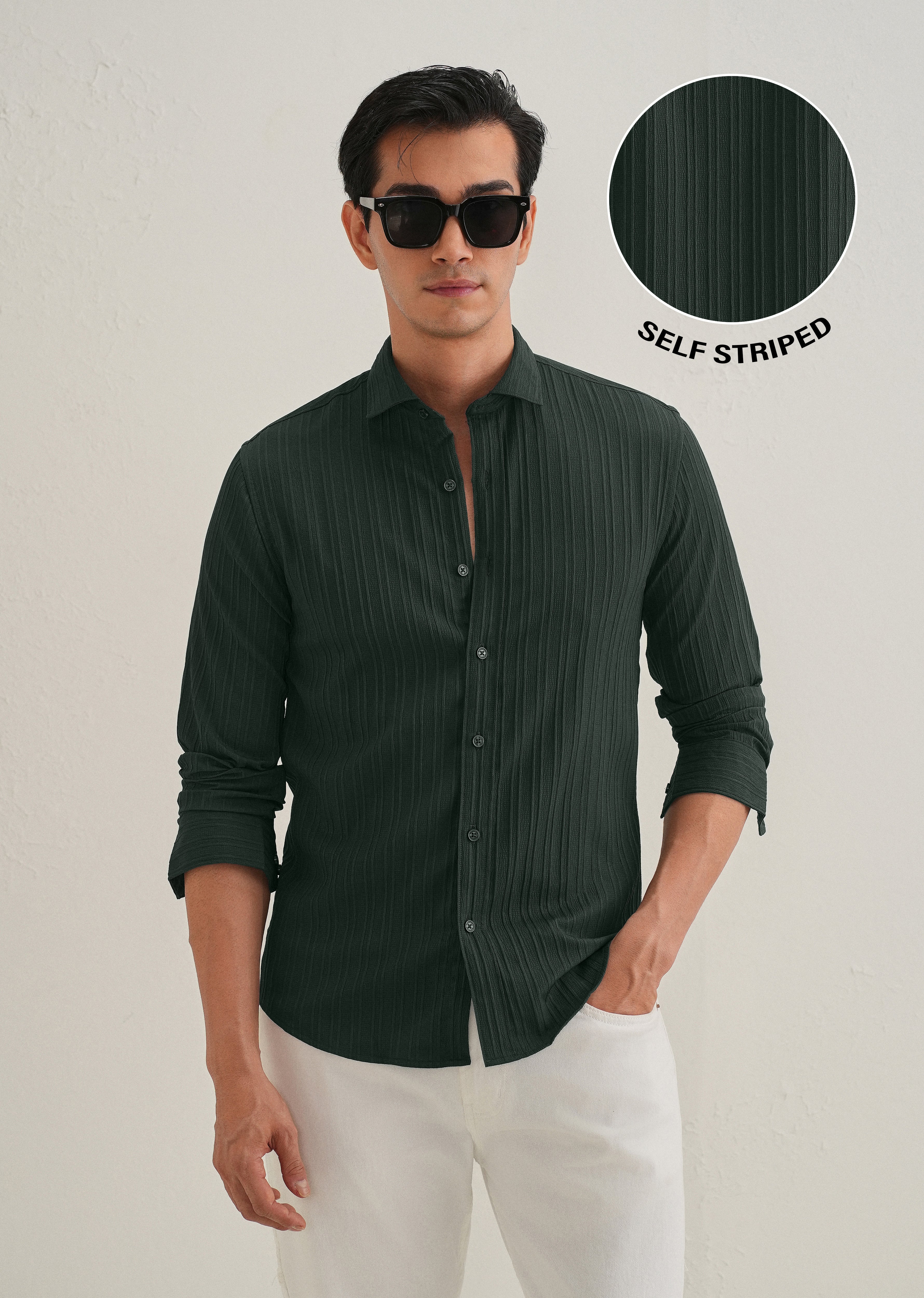 Green Plain Self Striped Shirt