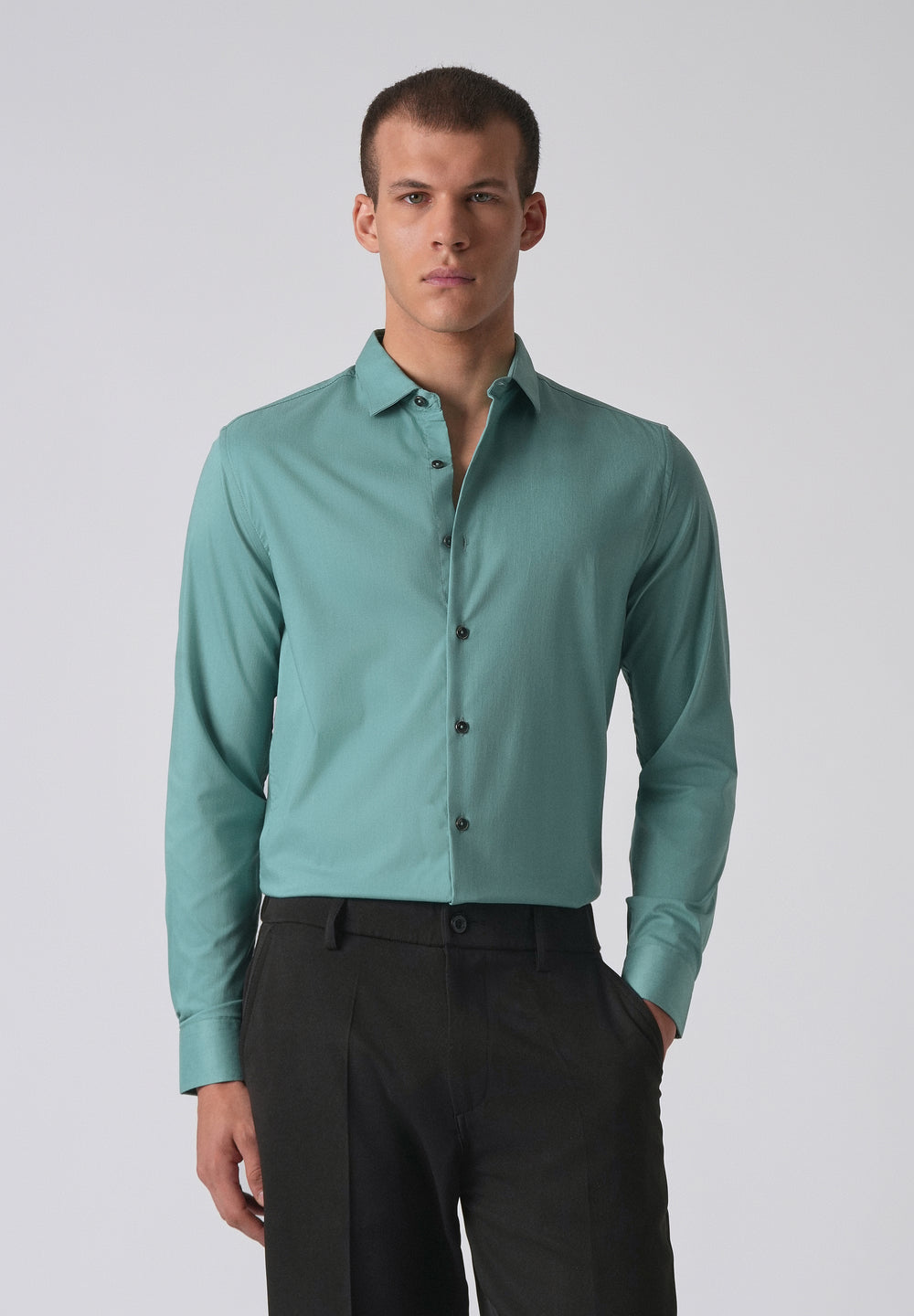 Green Plain Cotton Stretch Shirt