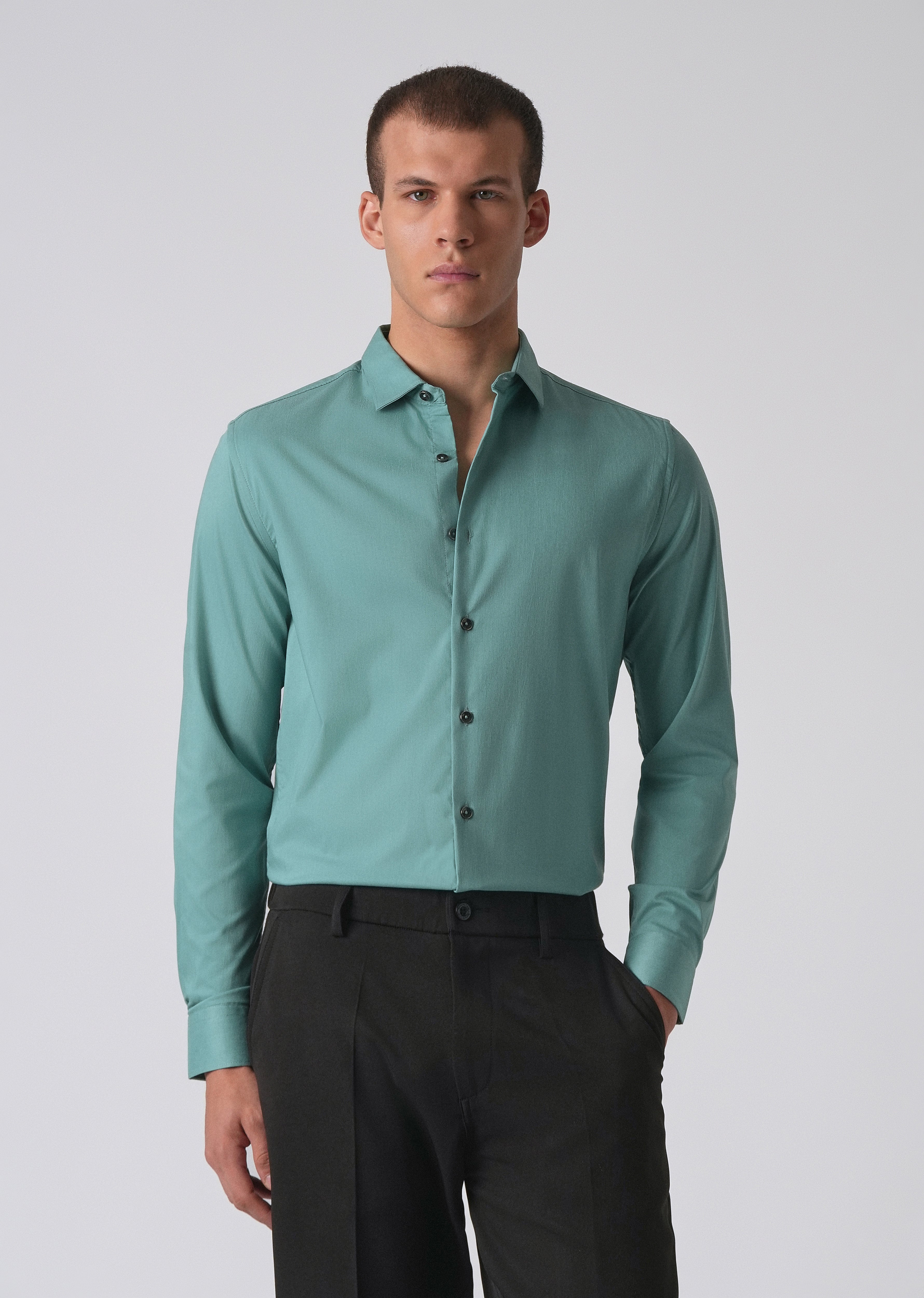 Green Plain Cotton Stretch Shirt