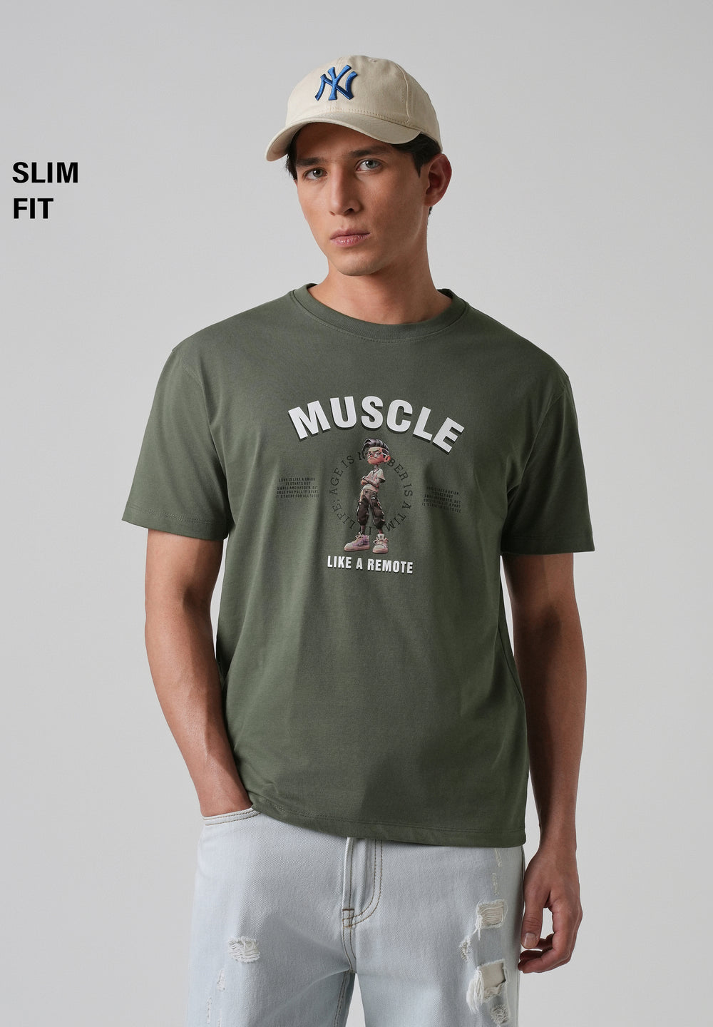 Olive Green Printed Slim Fit T-shirt