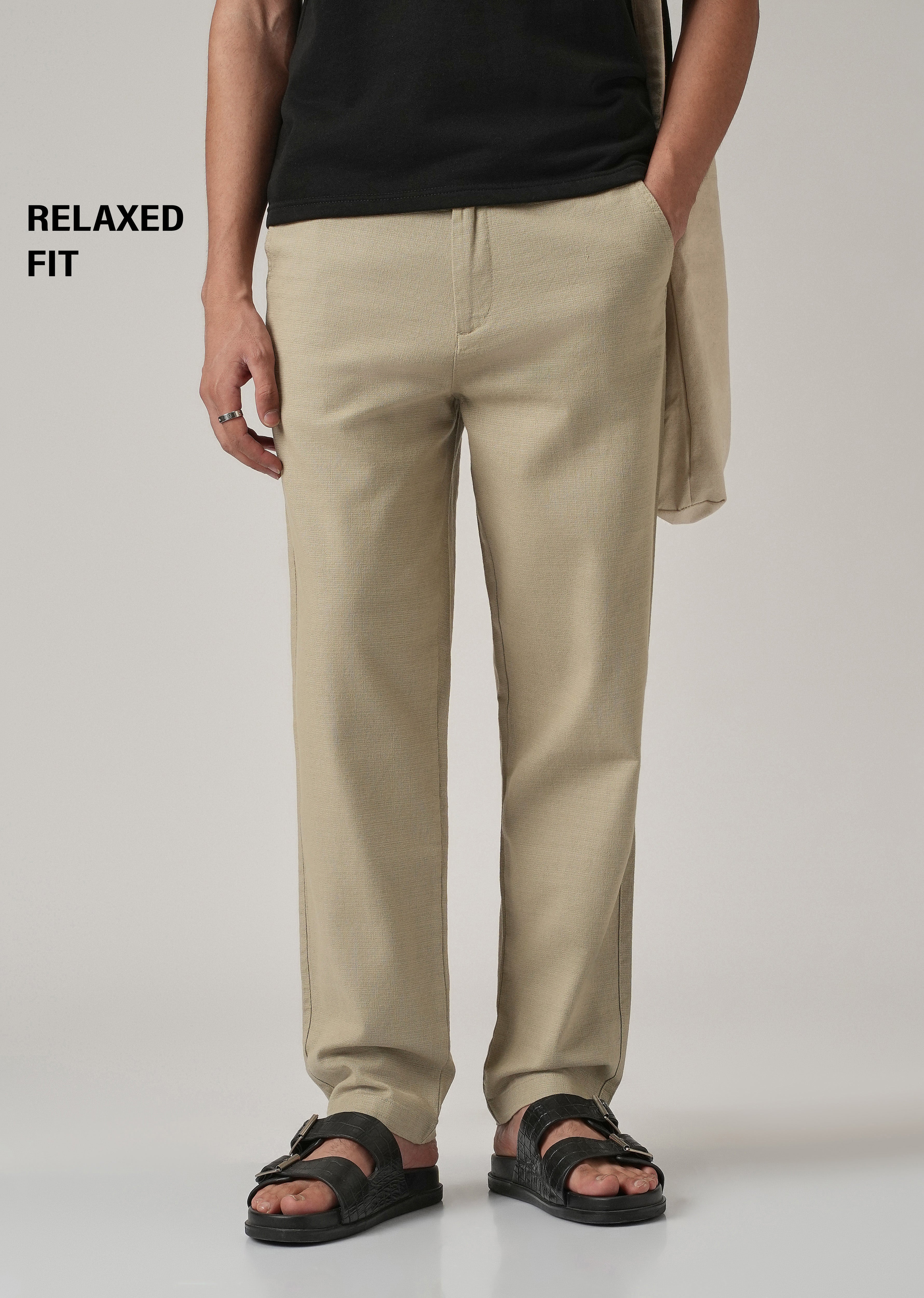 Beige Khaki Linen-Look Cotton Trousers