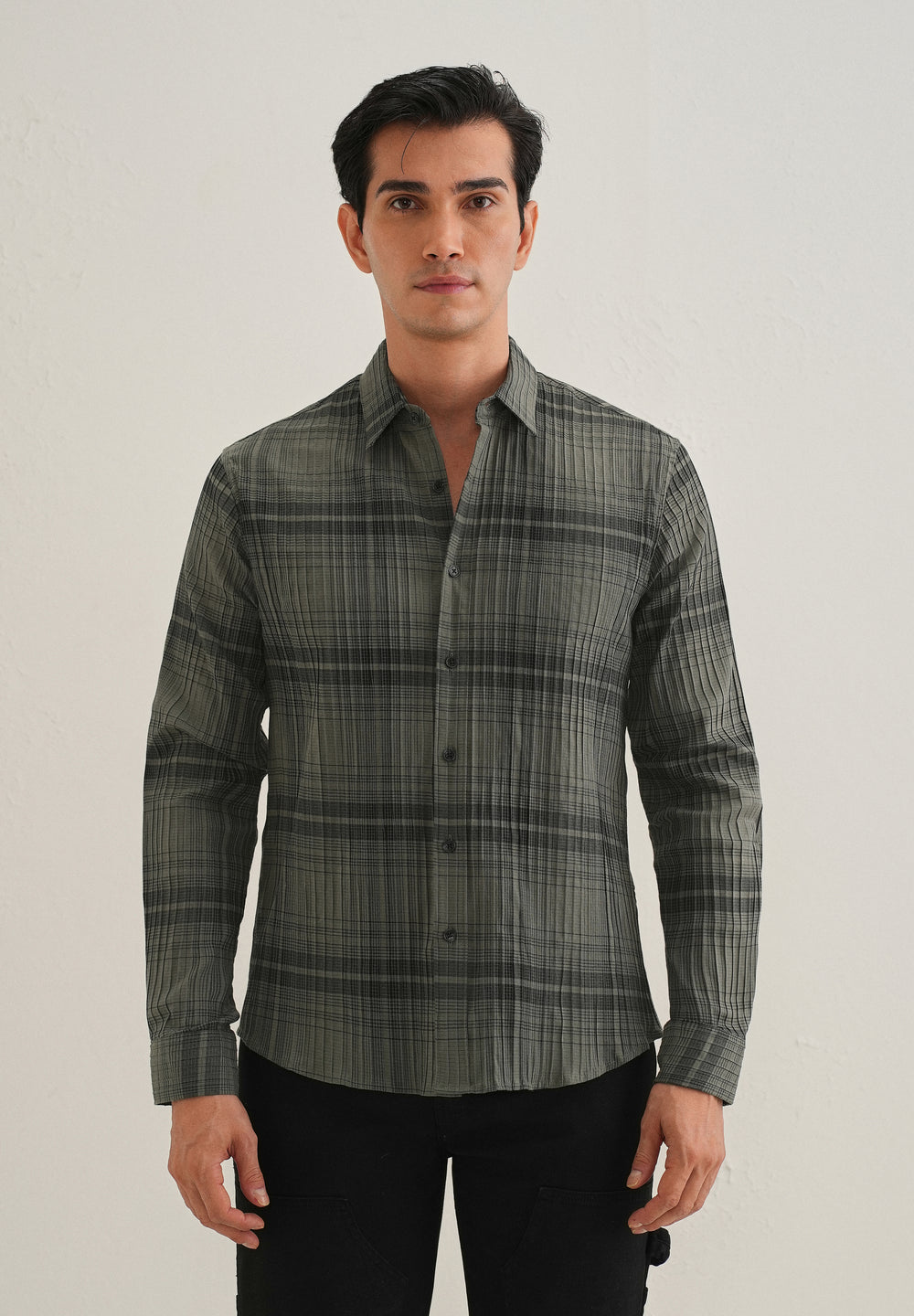 Green Self-Pleated Check Shirt