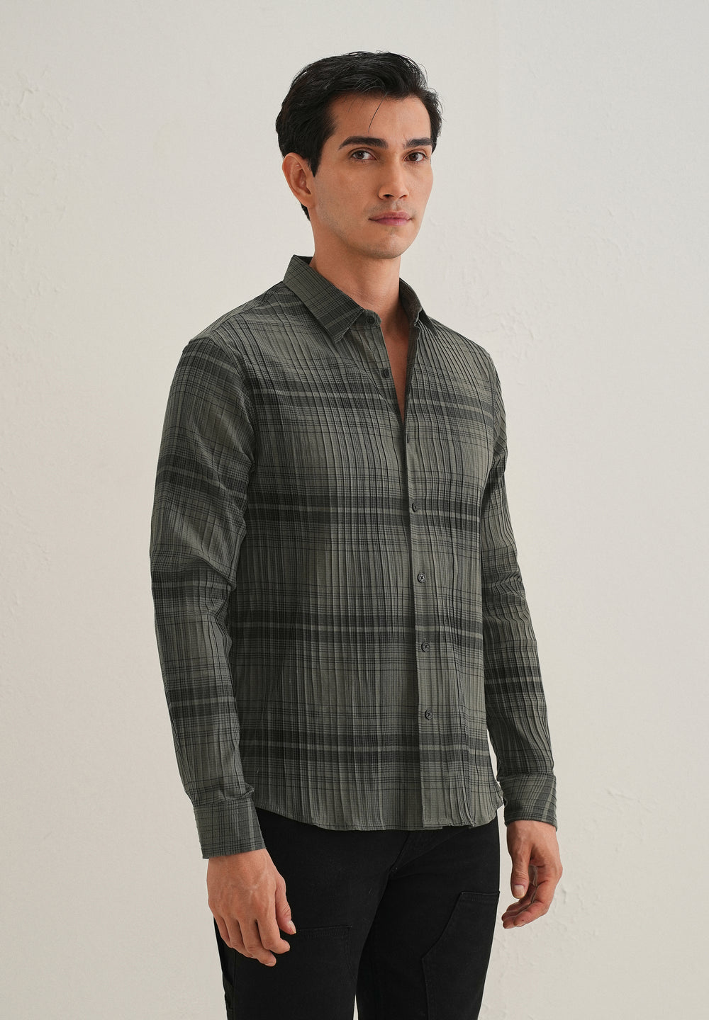 Green Self-Pleated Check Shirt