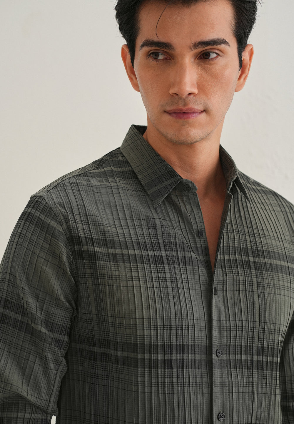 Green Self-Pleated Check Shirt