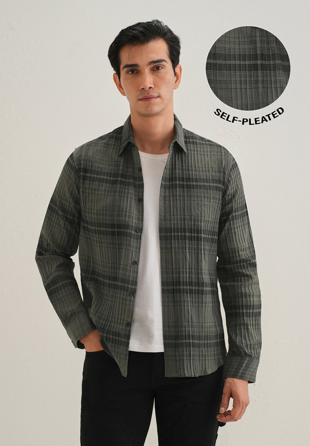 Green Self-Pleated Check Shirt