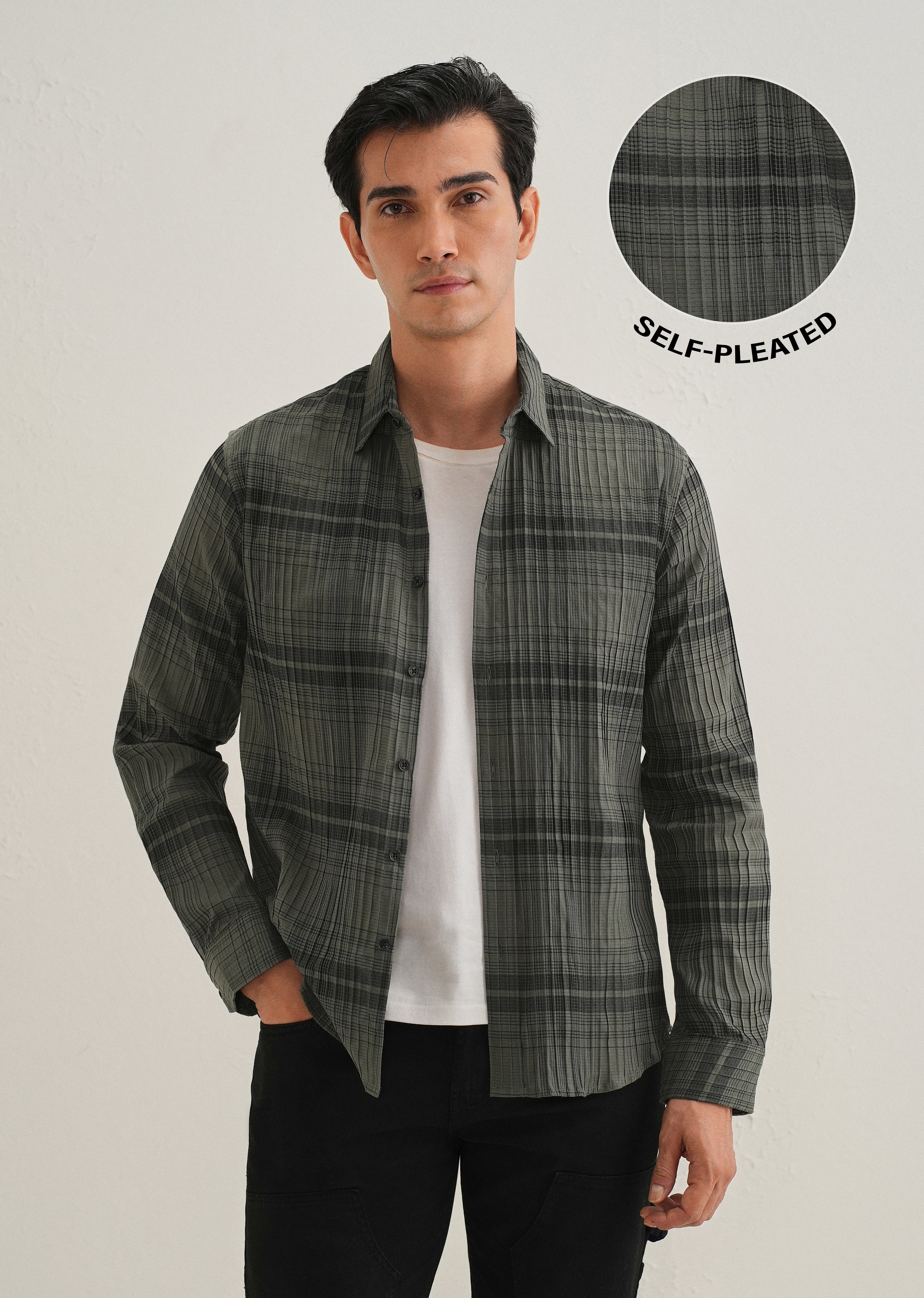 Green Self-Pleated Check Shirt
