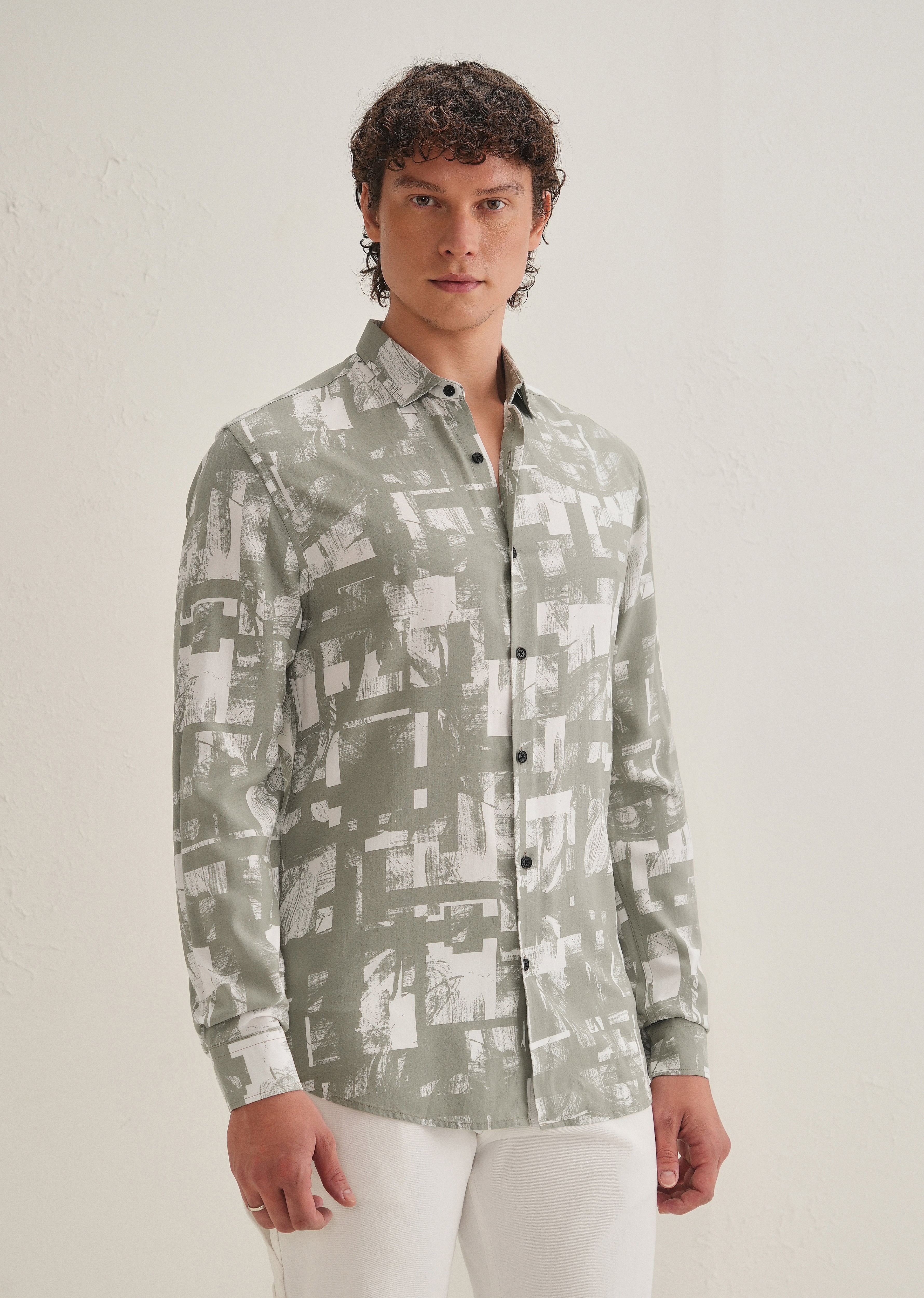 Green White Abstract Printed Shirt