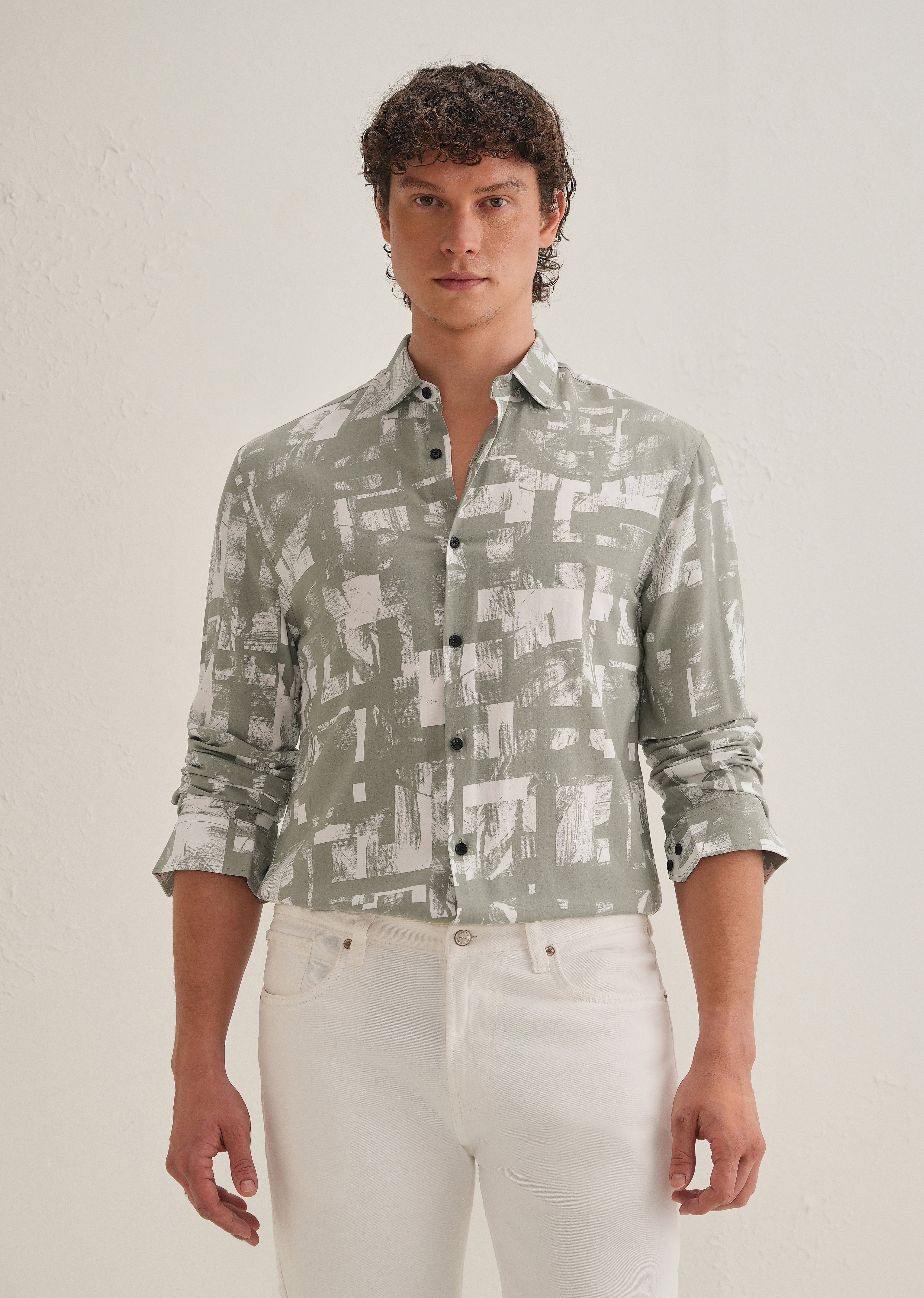 Green White Abstract Printed Shirt