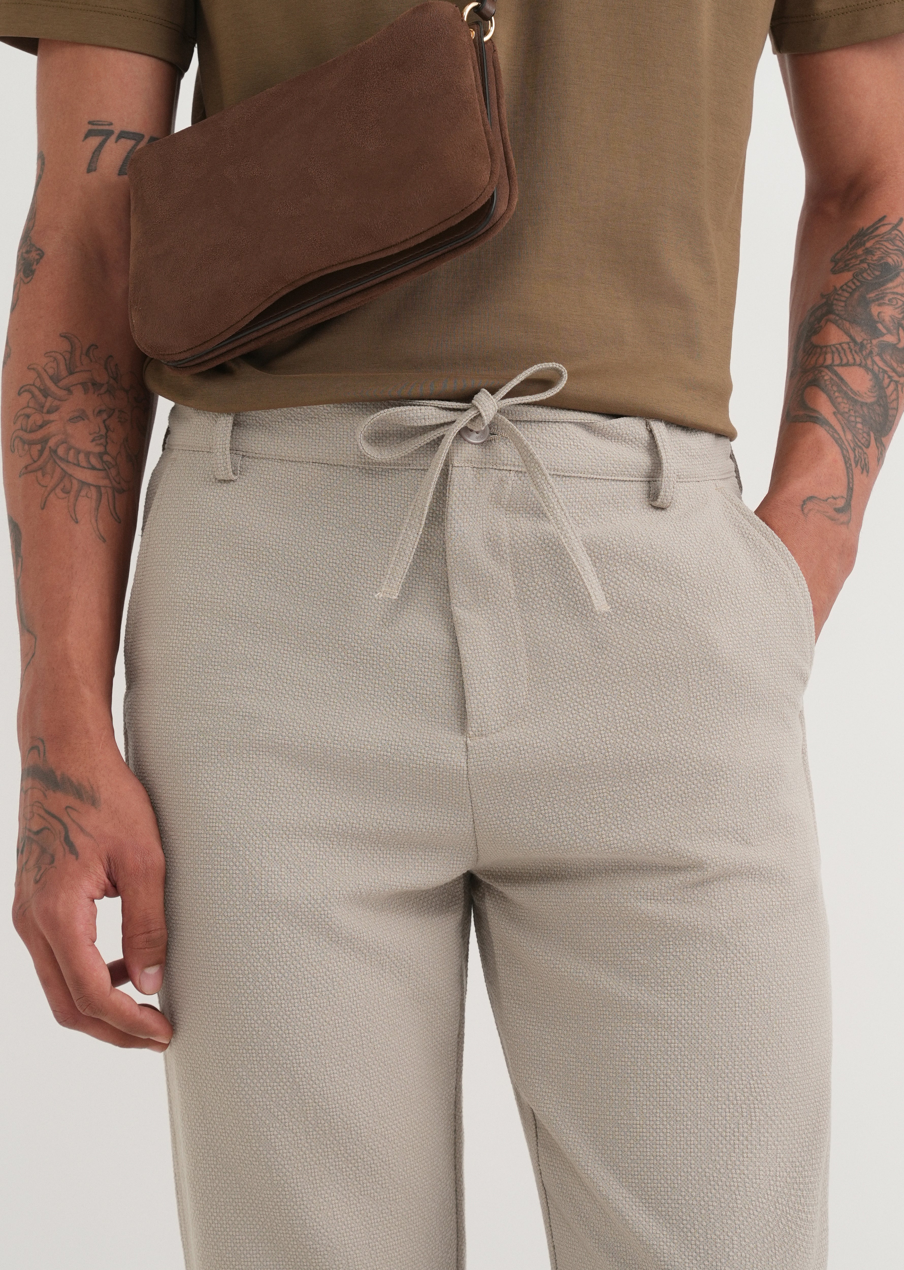 Greige Semi-Elasticated Textured Pant