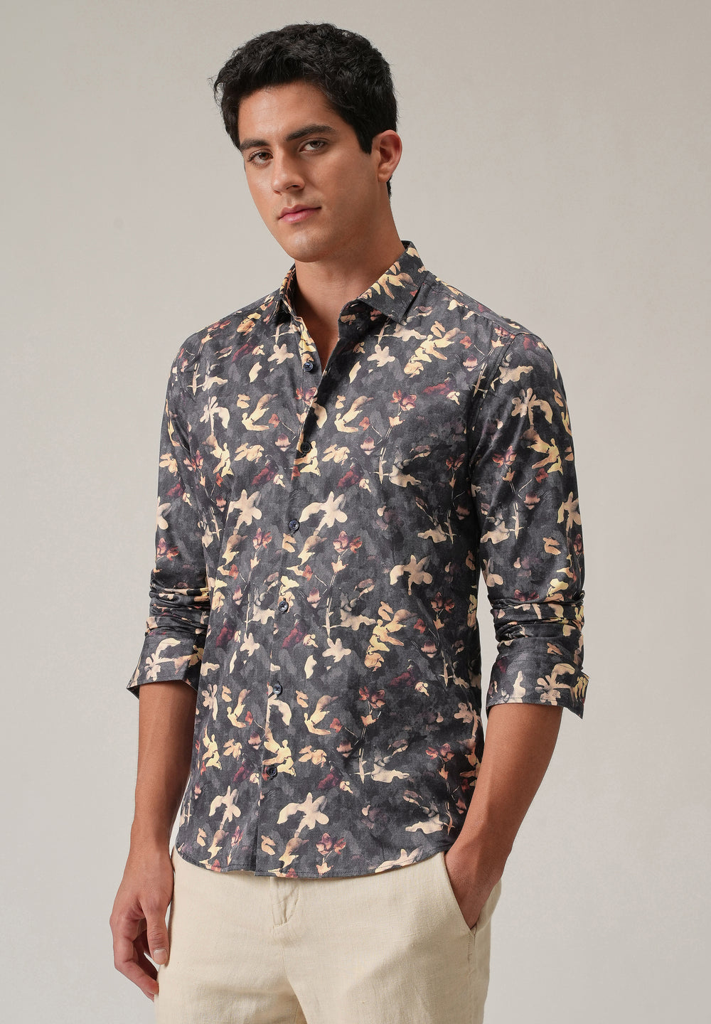 Grey Abstract Floral Print Shirt